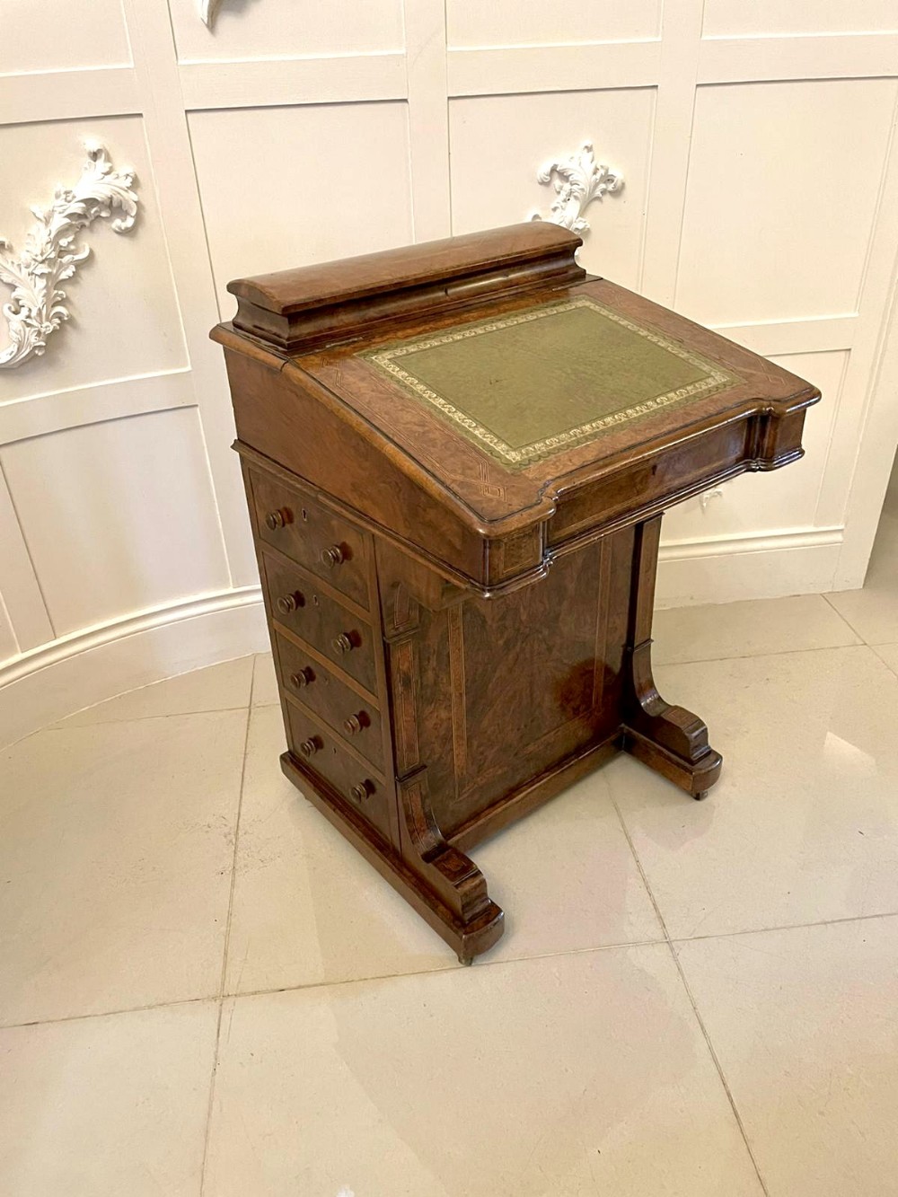 Antique Victorian Quality Burr Walnut Inlaid Freestanding Davenport