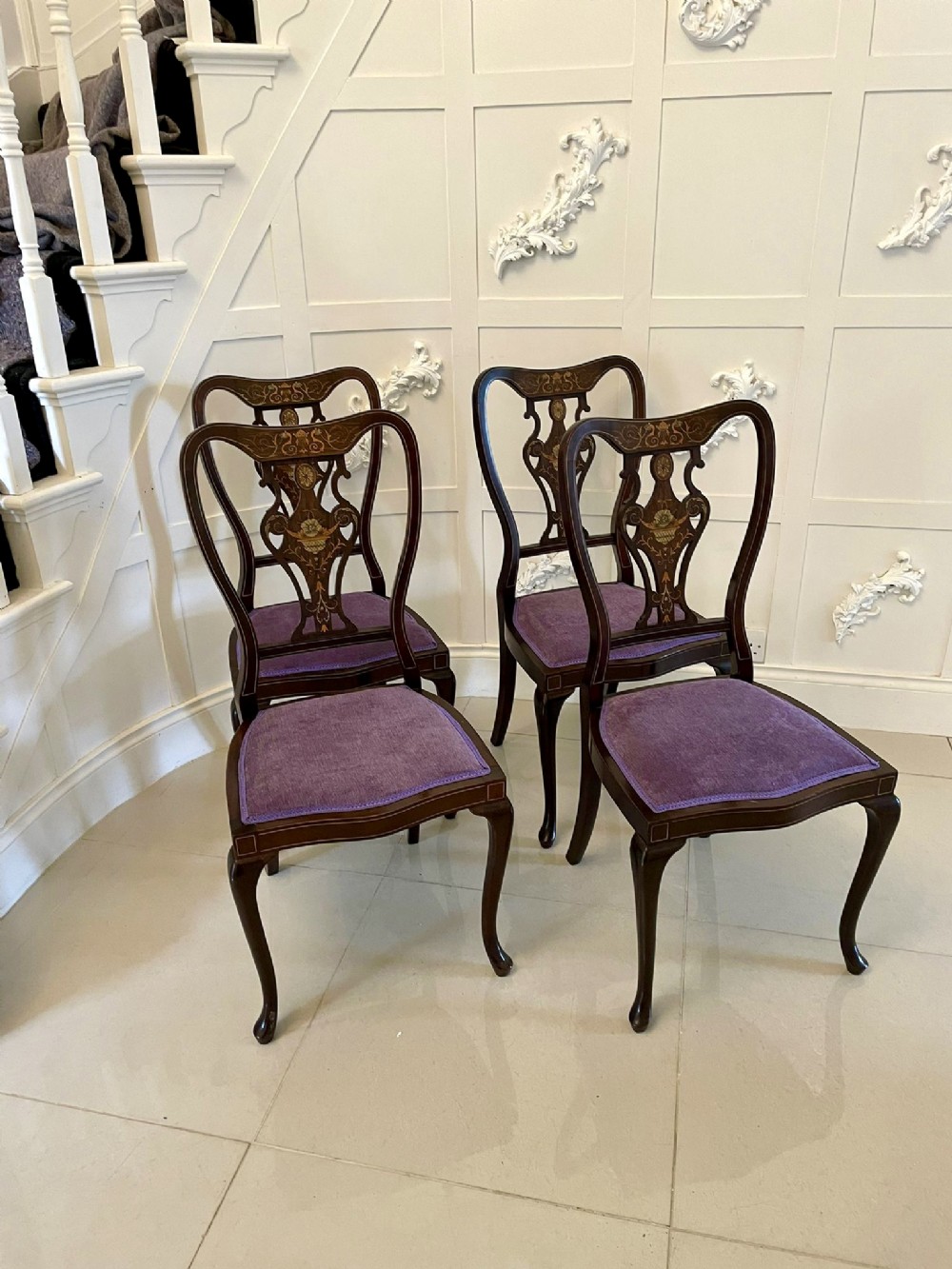 Fine Quality Antique Victorian Set of Four Marquetry Inlaid Chairs 