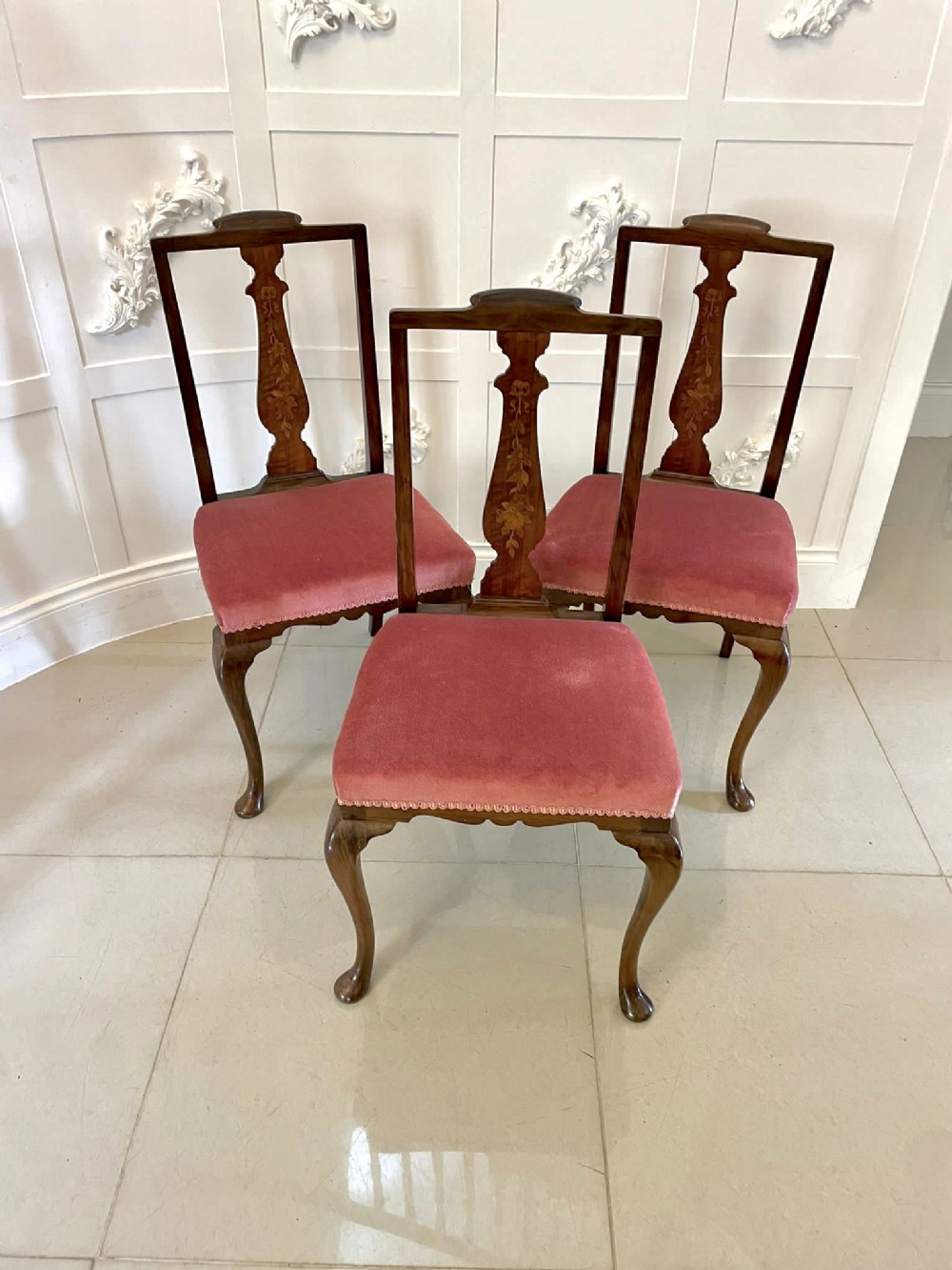 Outstanding Quality Set of 3 Antique Victorian Figured Walnut Marquetry Inlaid Bedroom Chairs