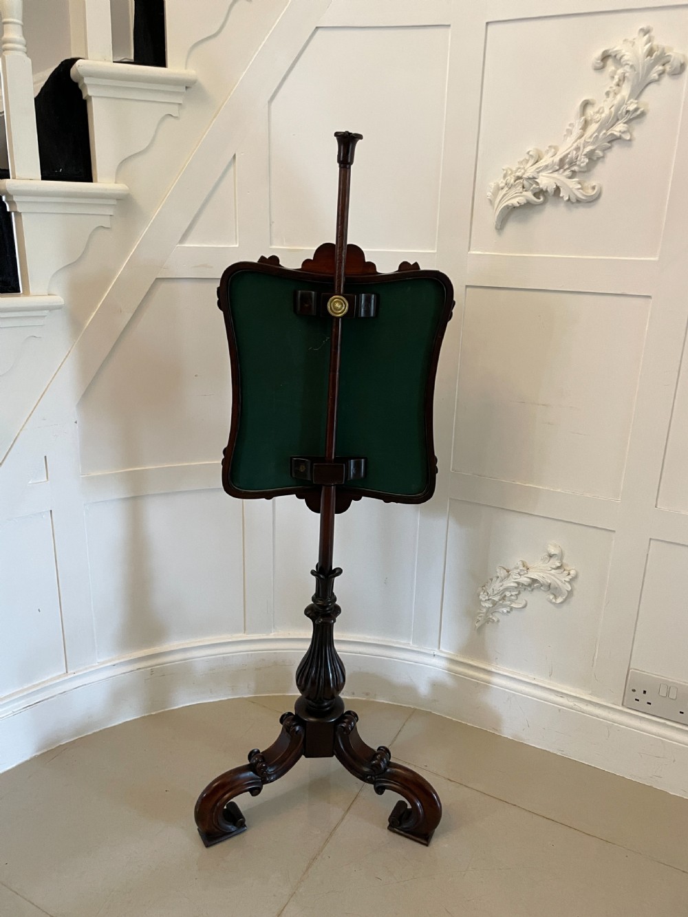 An antique Victorian carved rosewood pole screen featuring a framed tapestry panel depicting a pastoral scene, mounted on an adjustable central column with a tripod base. View III