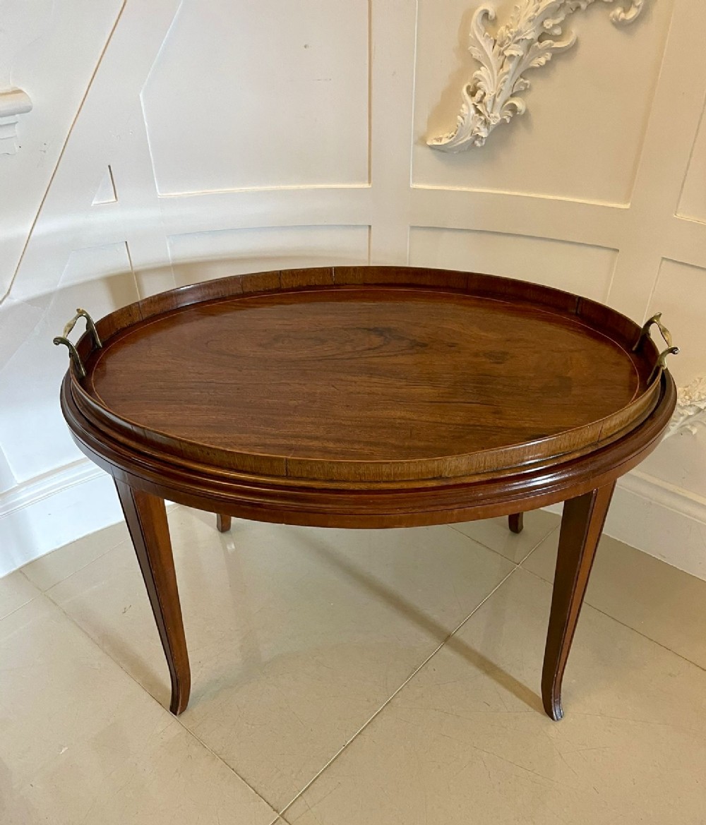 Large Antique Edwardian Oval Quality Figured Mahogany Tea Tray on Stand 