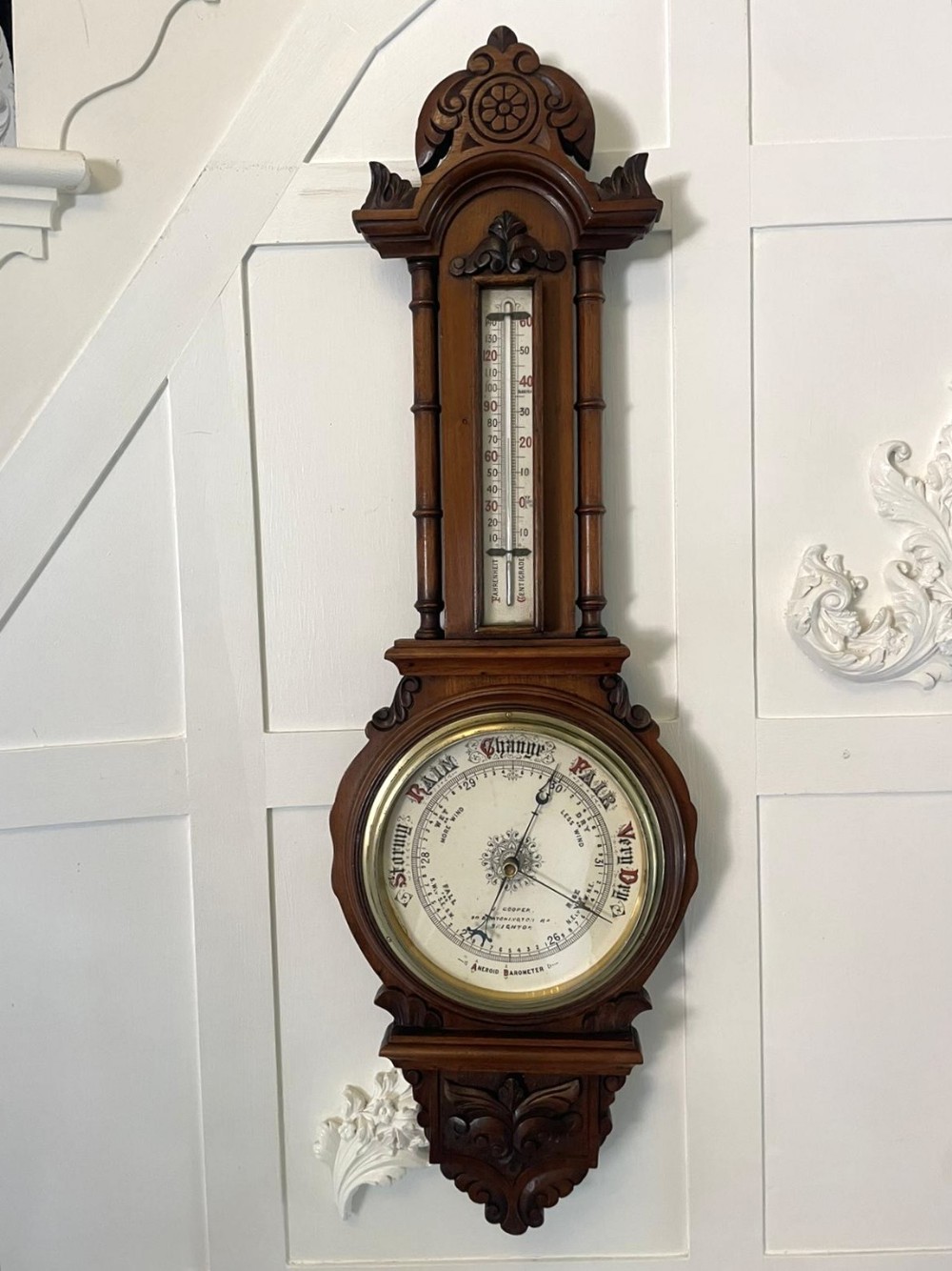 Antique Victorian Quality Carved Oak Banjo Barometer