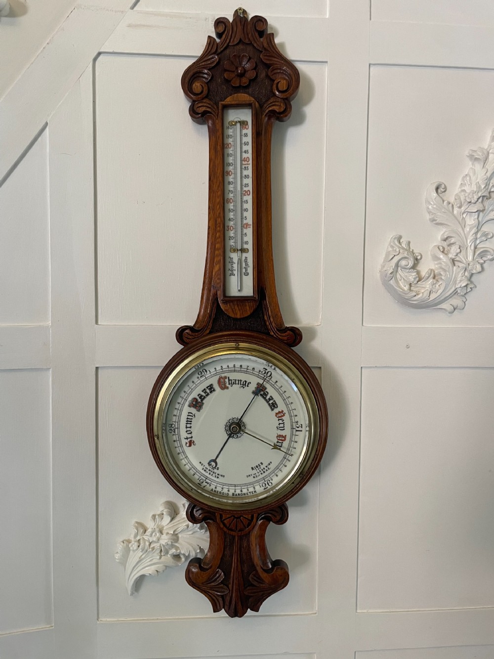 Antique Victorian Quality Carved Walnut Banjo Barometer