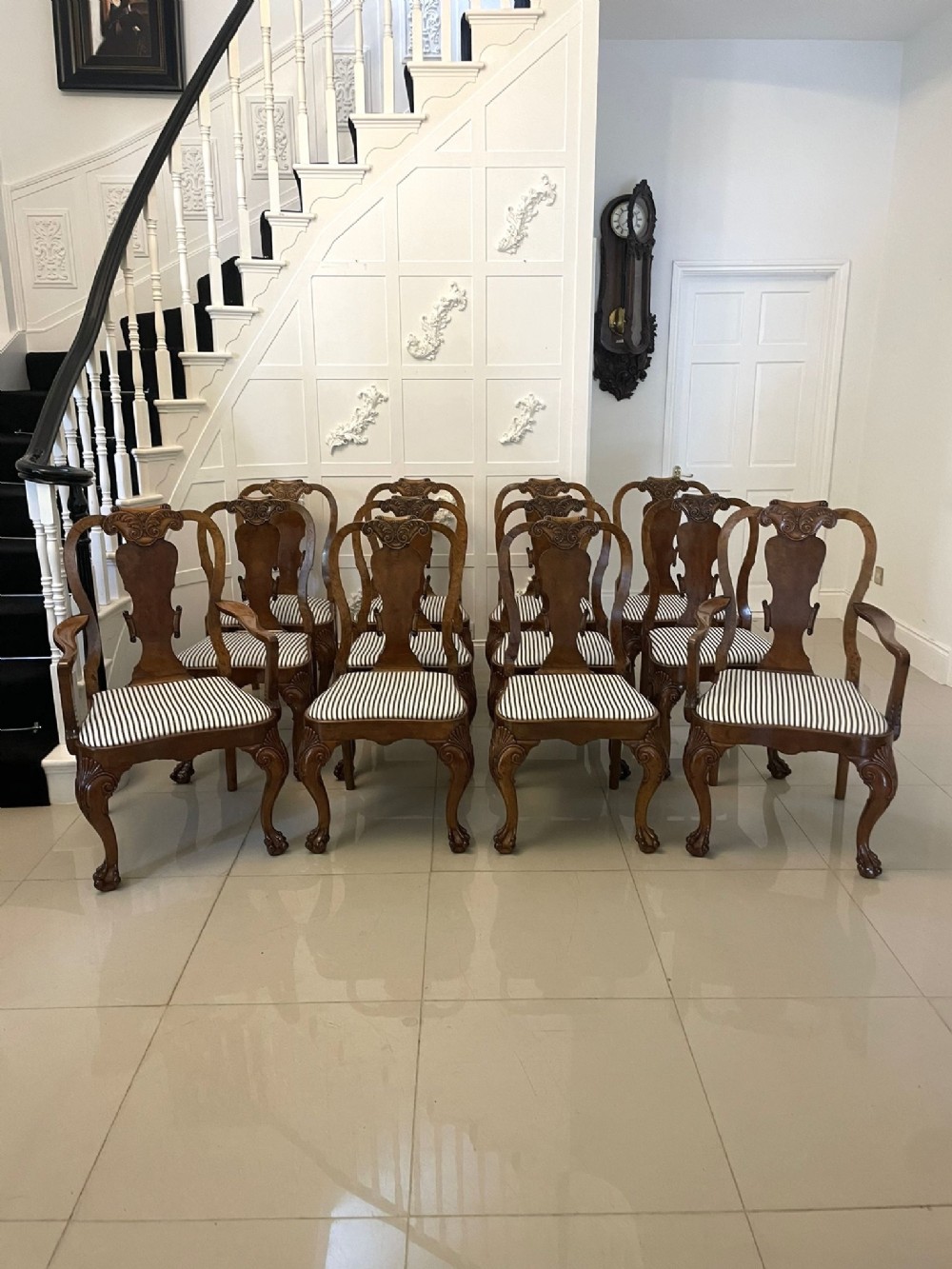  Outstanding Quality Set of 12 Antique Victorian Burr Walnut Dining Chairs 