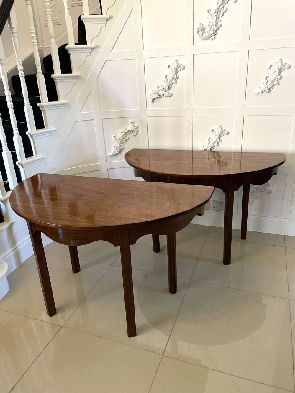 Outstanding Quality Pair Of Antique George III Mahogany Demi Lune Shaped Console Tables 