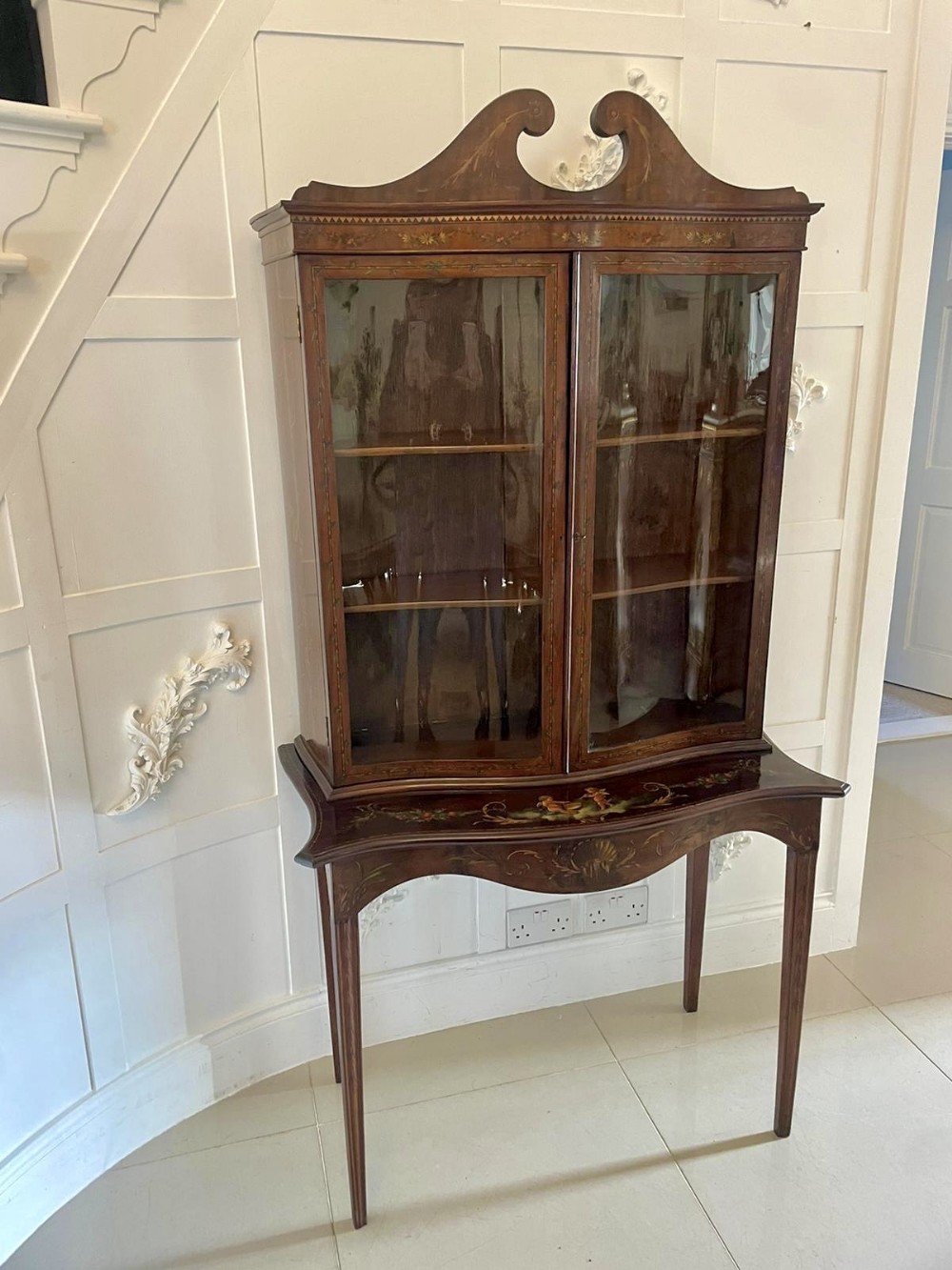 Antique Victorian Quality Mahogany Display Cabinet with Original Painted Decoration 