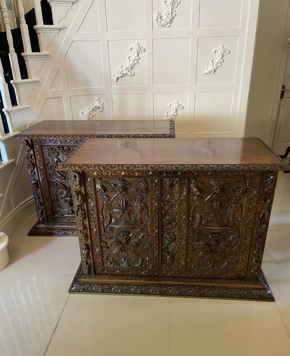 Magnificent Exhibition Quality Antique Victorian Italian Profusely Carved Solid Walnut Pair of Side Cupboards