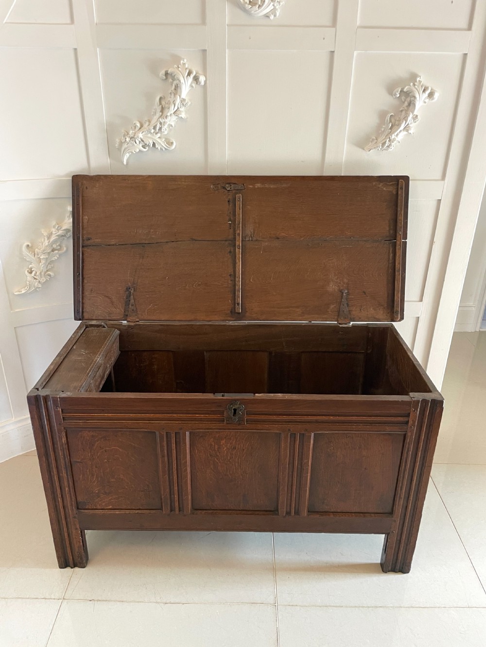 Antique 17th Century Quality Oak Panelled Coffer/Blanket Box  View IX