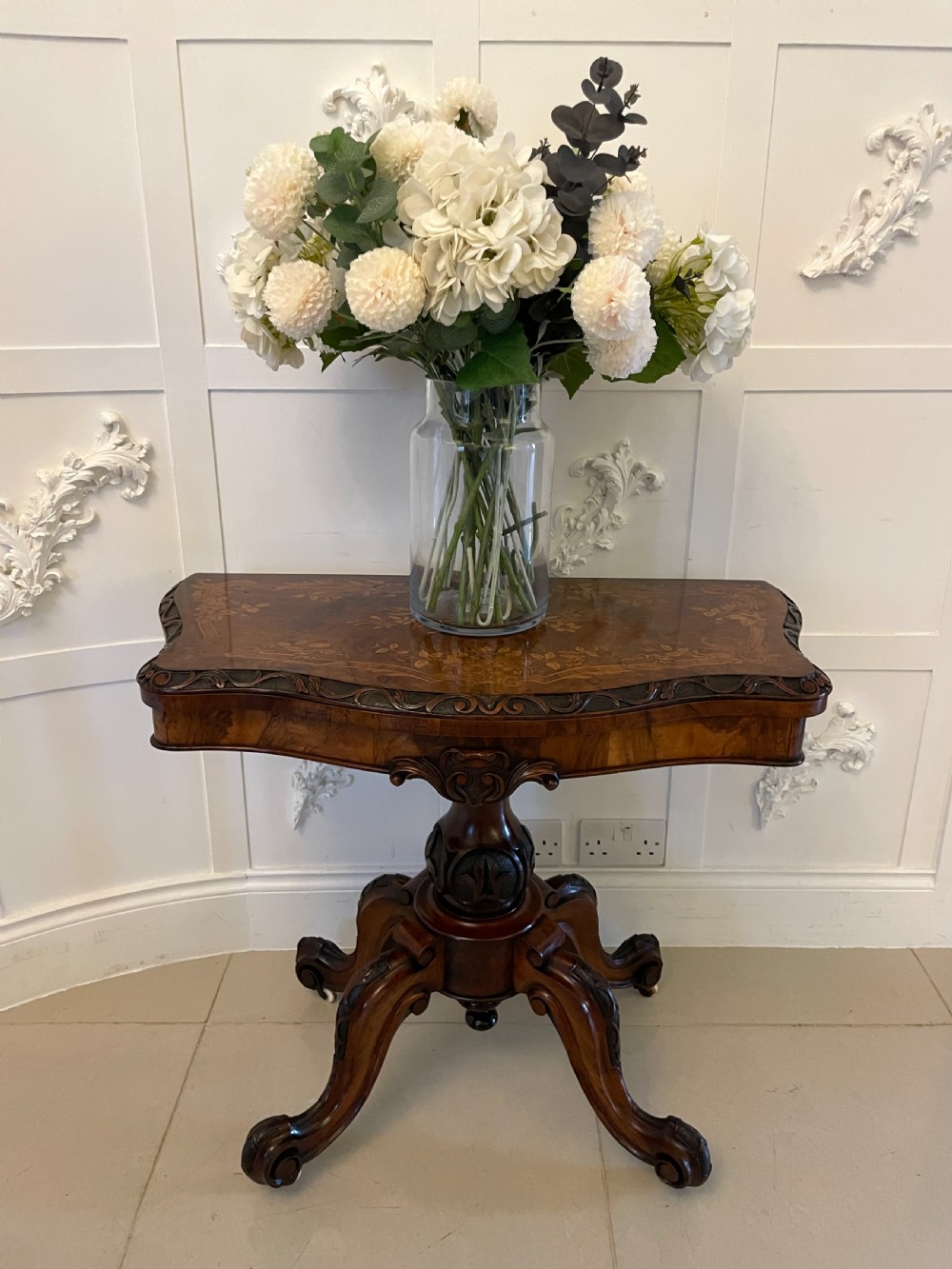 Exceptional Quality Antique Victorian Burr Walnut Inlaid Floral Marquetry Card/Console Table  View II
