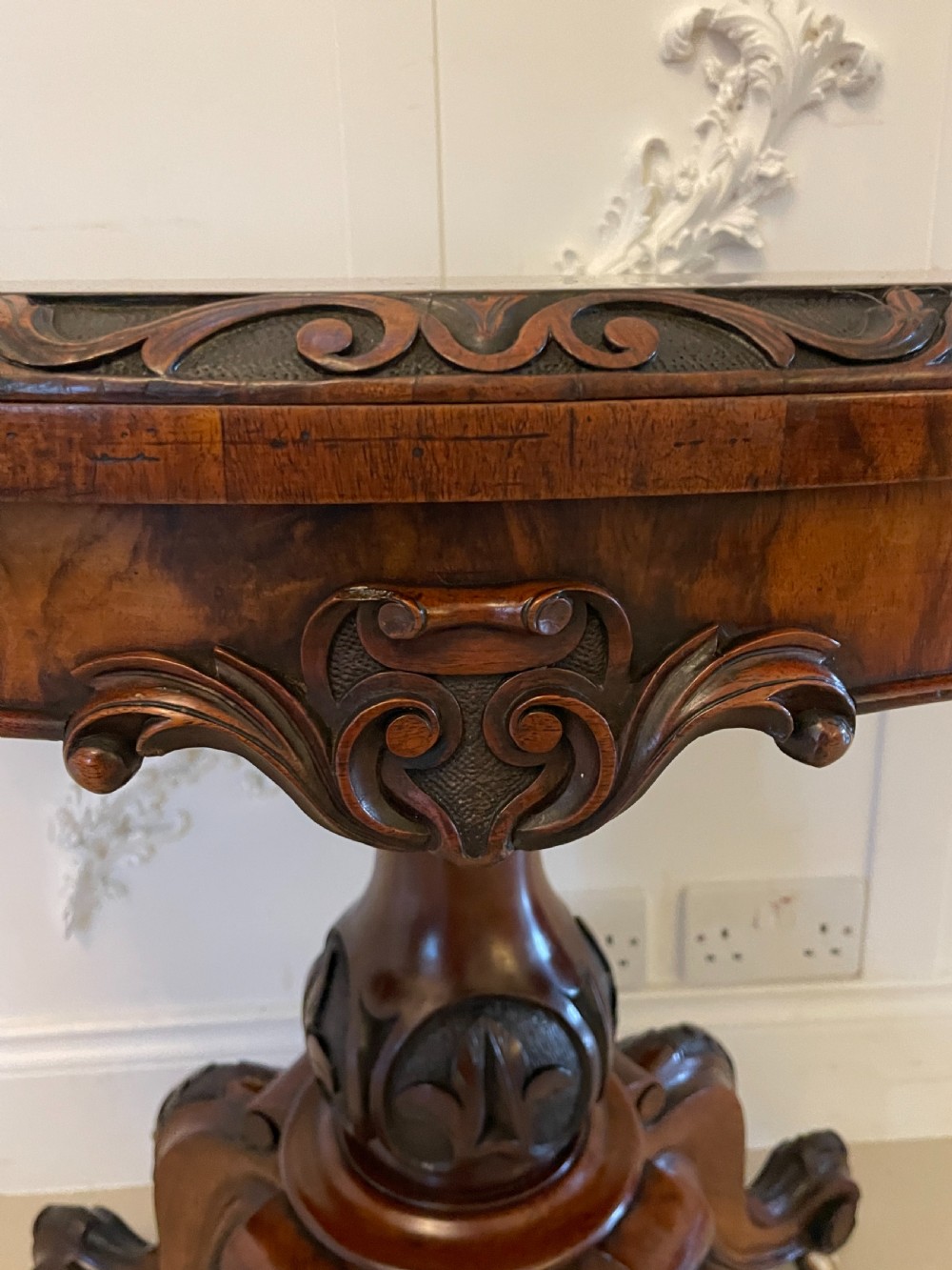 Exceptional Quality Antique Victorian Burr Walnut Inlaid Floral Marquetry Card/Console Table  View XIII