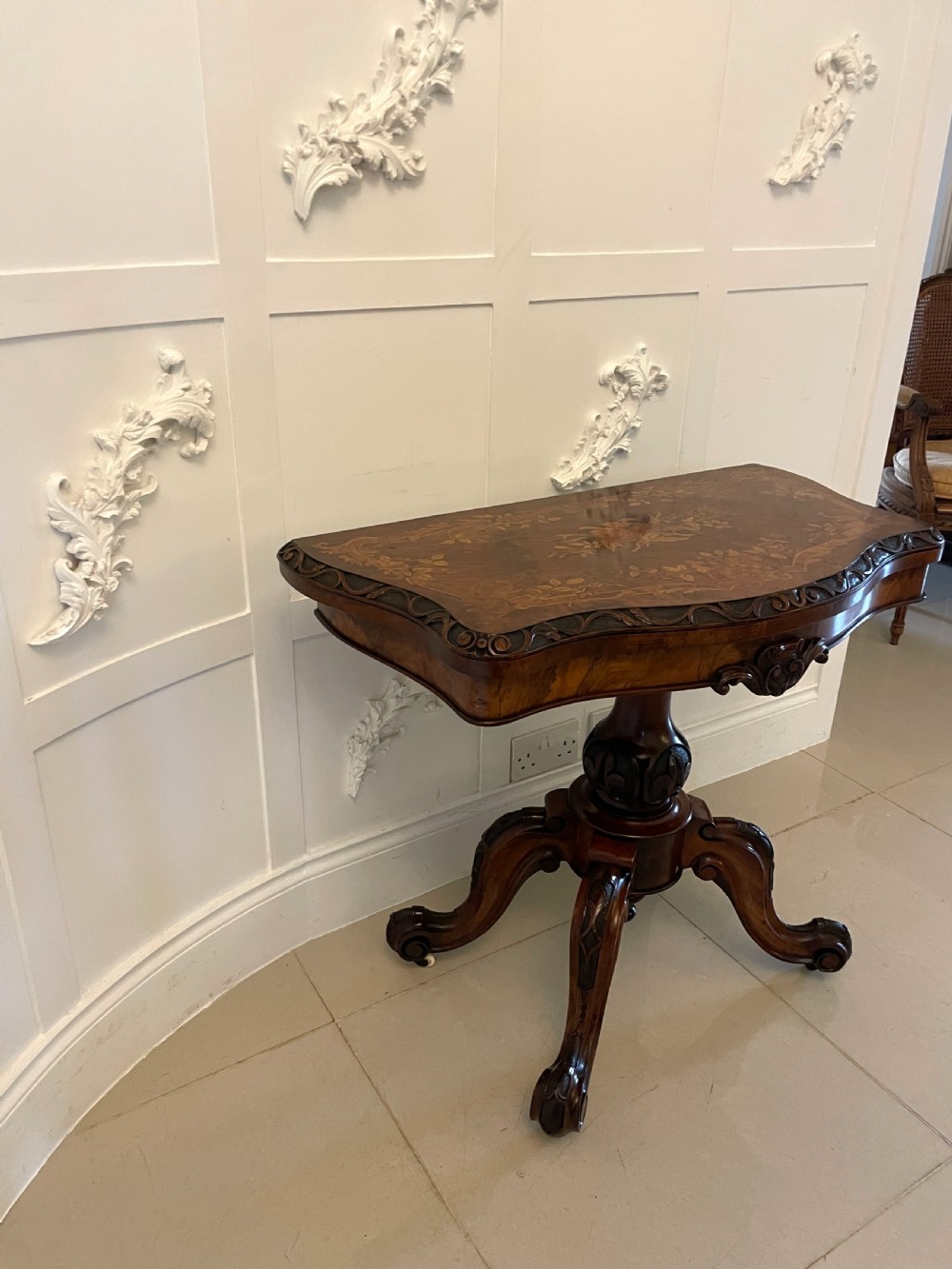 Exceptional Quality Antique Victorian Burr Walnut Inlaid Floral Marquetry Card/Console Table  View XIV