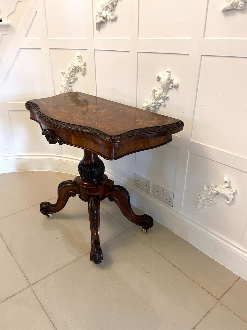 Exceptional Quality Antique Victorian Burr Walnut Inlaid Floral Marquetry Card/Console Table  View XV