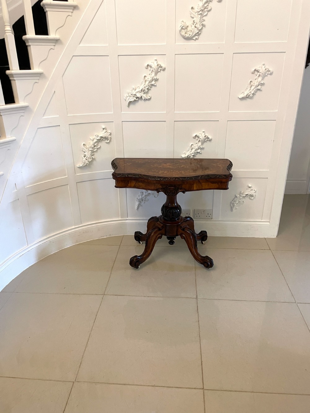 Exceptional Quality Antique Victorian Burr Walnut Inlaid Floral Marquetry Card/Console Table  View XVI
