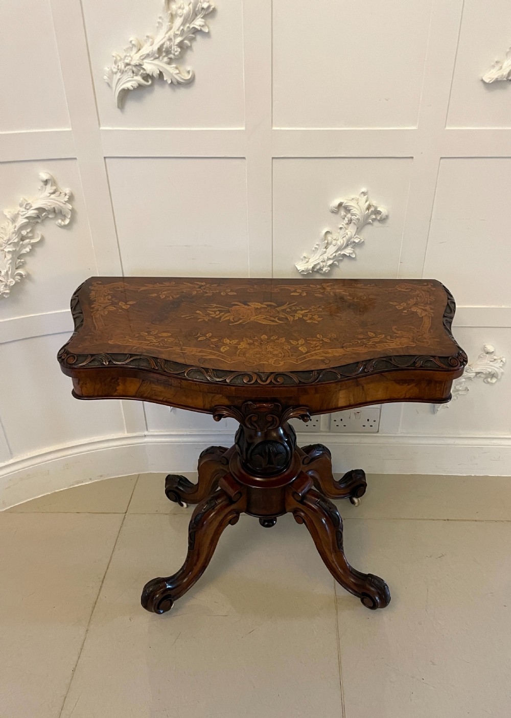 Exceptional Quality Antique Victorian Burr Walnut Inlaid Floral Marquetry Card/Console Table  View XVII