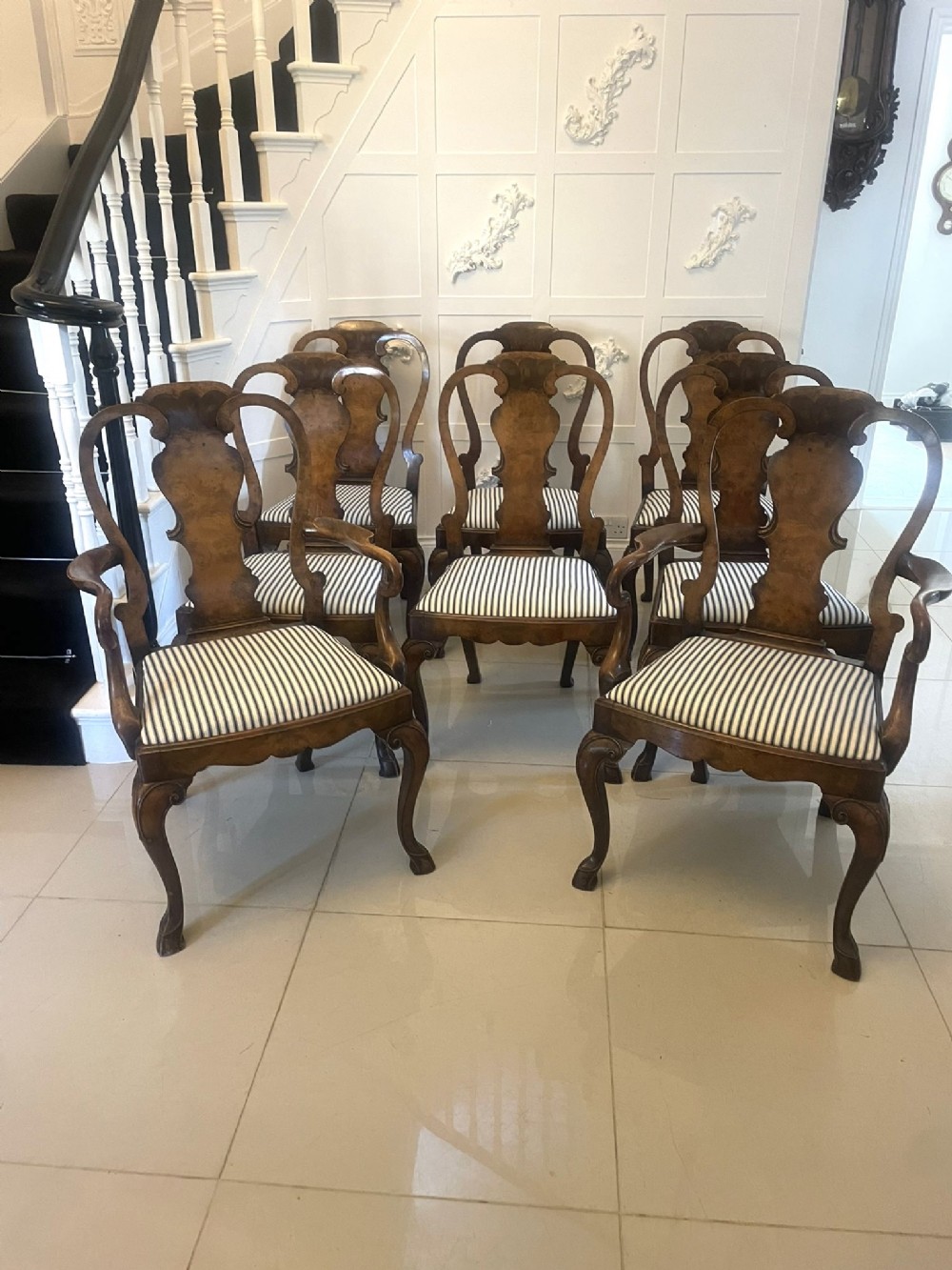 Outstanding Quality Set of 8 Antique Victorian Burr Walnut Dining Chairs 