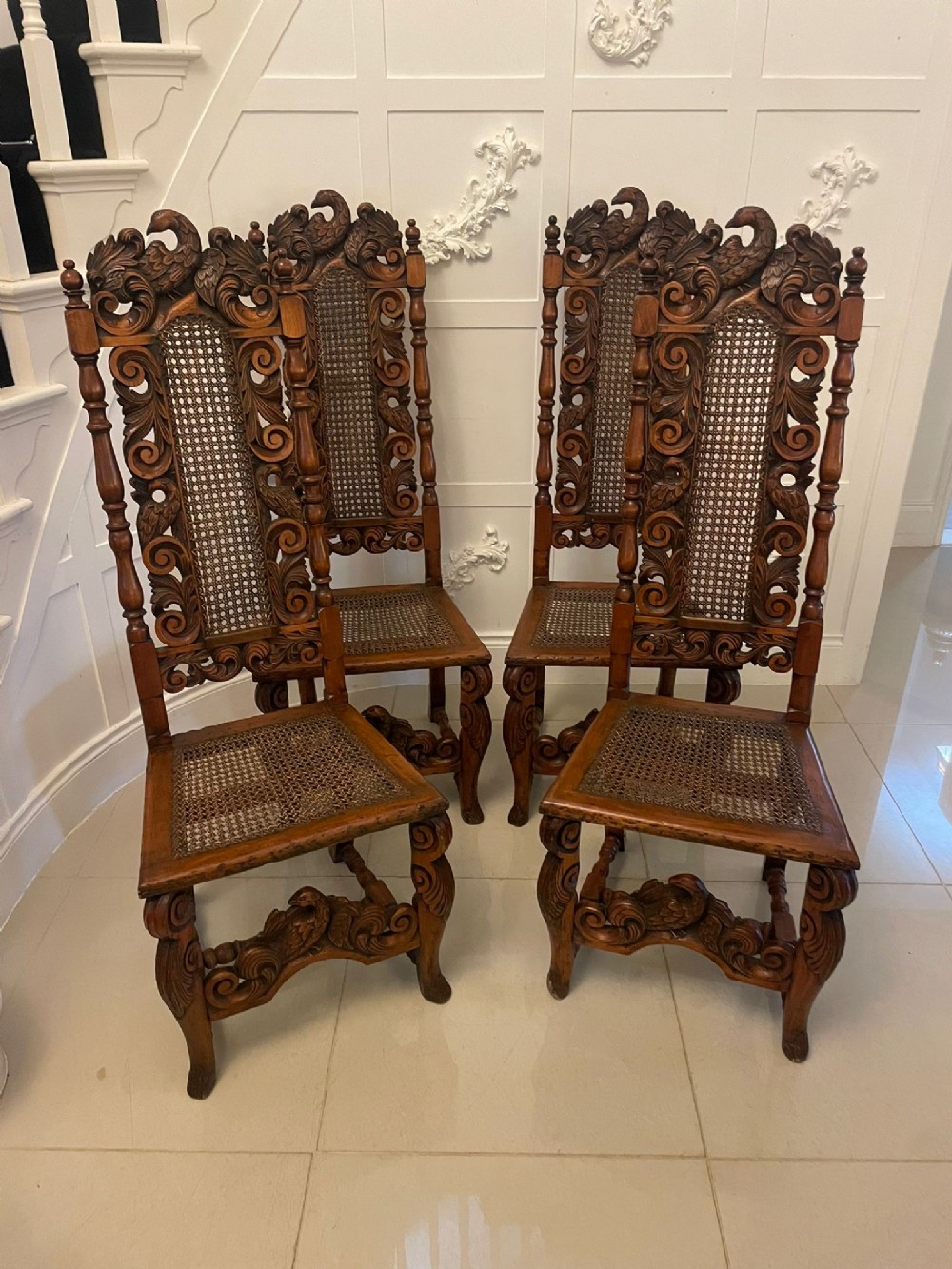 Set of 4 Antique Victorian Quality Carved Walnut Dining Chairs 