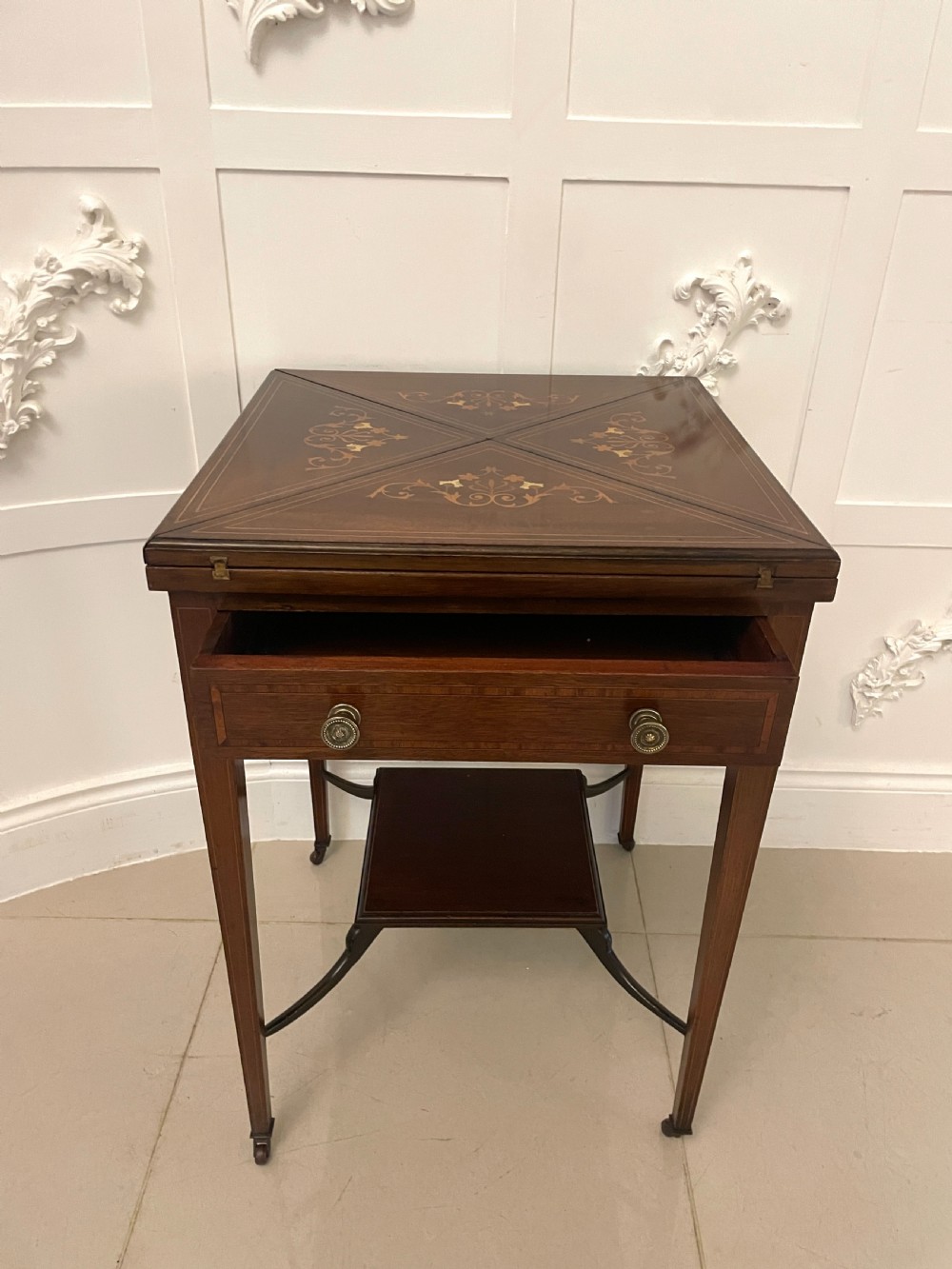 Antique Edwardian Quality Mahogany Marquetry Inlaid Envelope Card/Side Table  View XII
