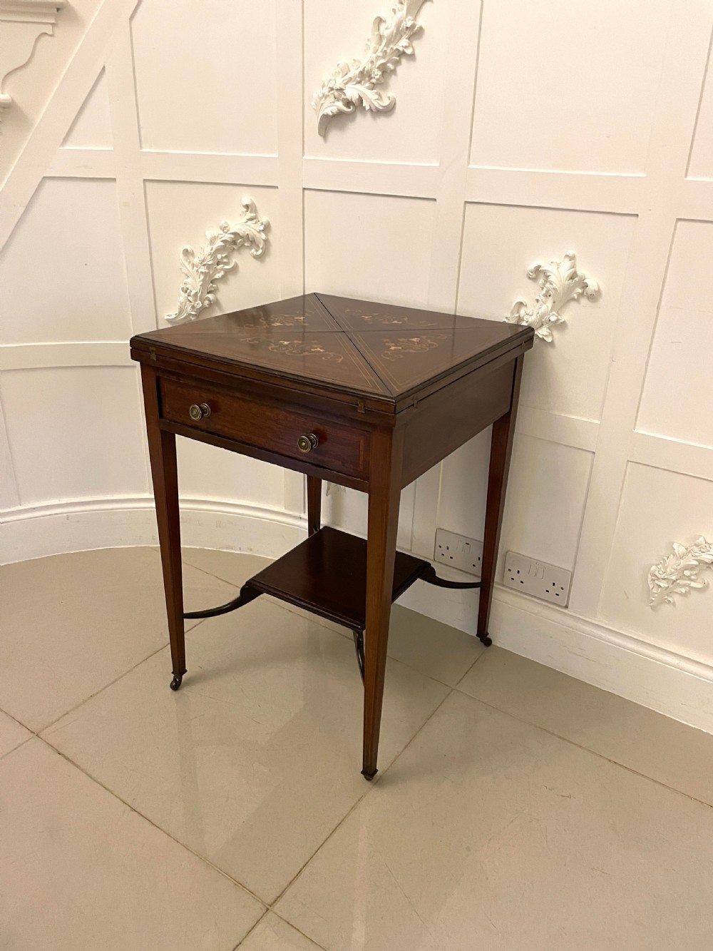 Antique Edwardian Quality Mahogany Marquetry Inlaid Envelope Card/Side Table  View XVI
