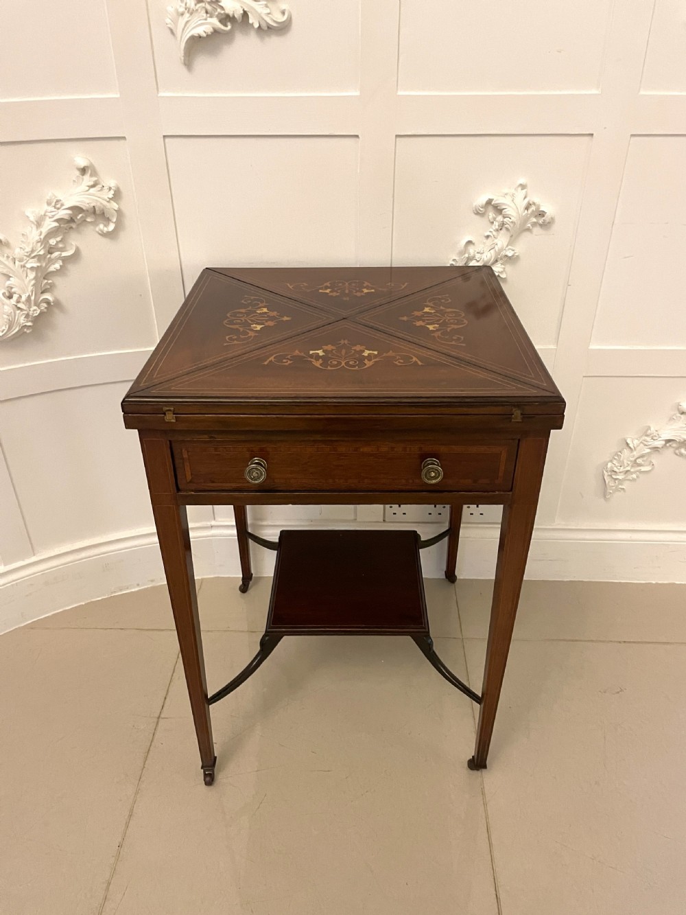 Antique Edwardian Quality Mahogany Marquetry Inlaid Envelope Card/Side Table  View XVII