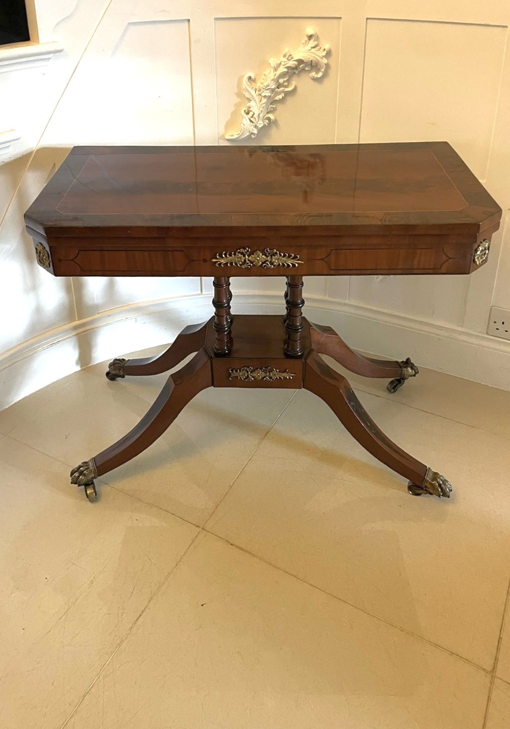 Fine Quality Antique Regency Figured Mahogany Card/Console Table with Gilded Brass Mounts 