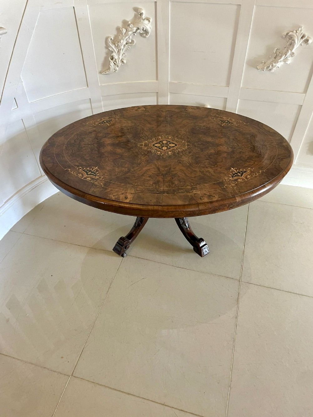 Antique Victorian Quality Burr Walnut Marquetry Inlaid Oval Coffee Table