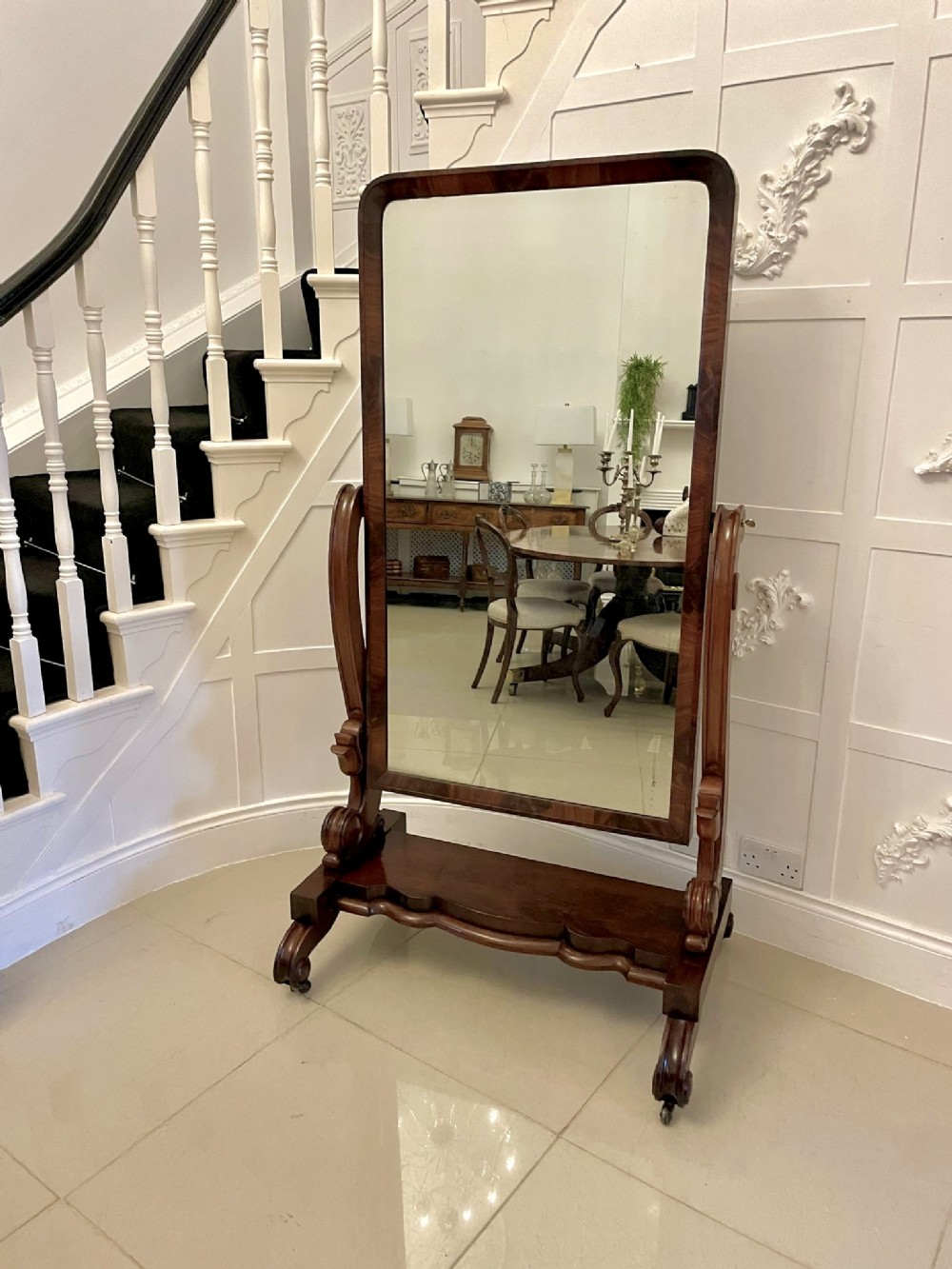 Large Antique Victorian Quality Mahogany Cheval Mirror 