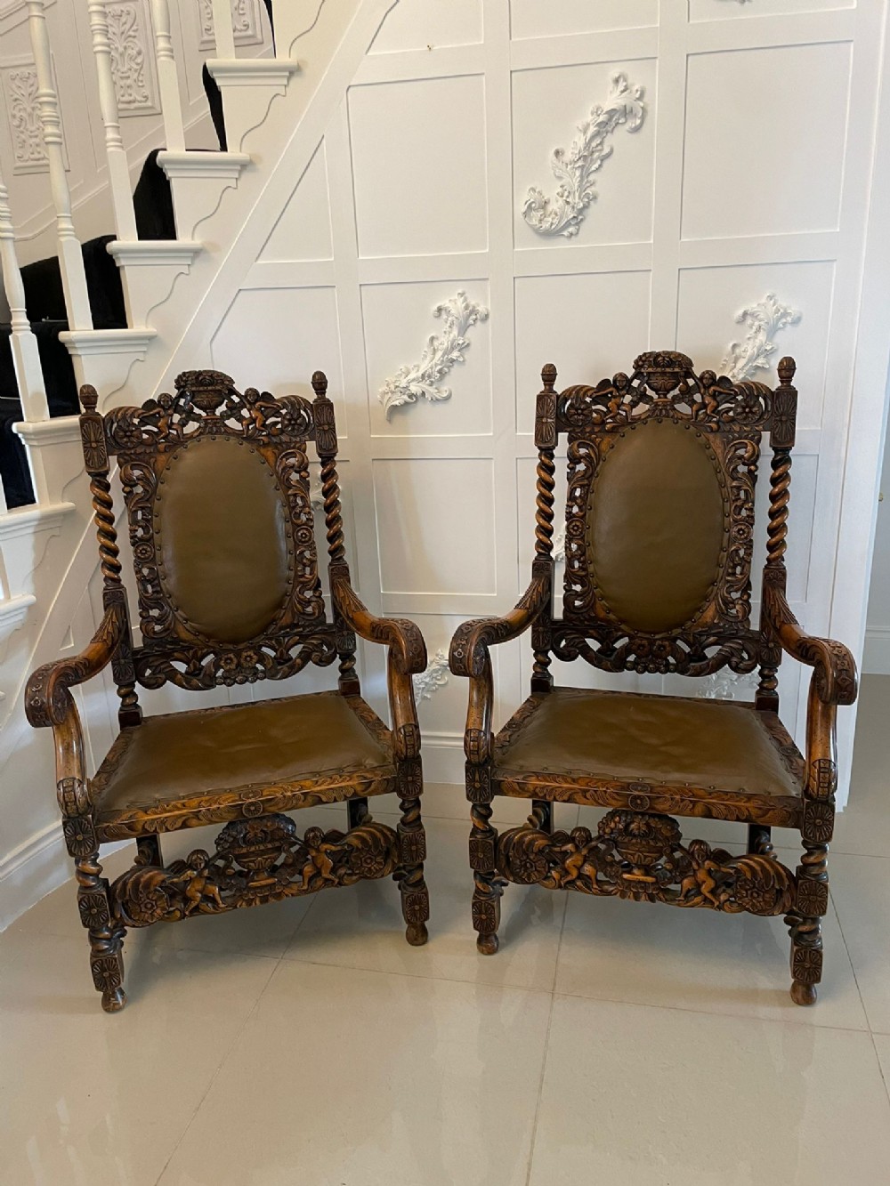 Outstanding Quality Large Pair of Antique Victorian Carved Walnut and Leather Armchairs 