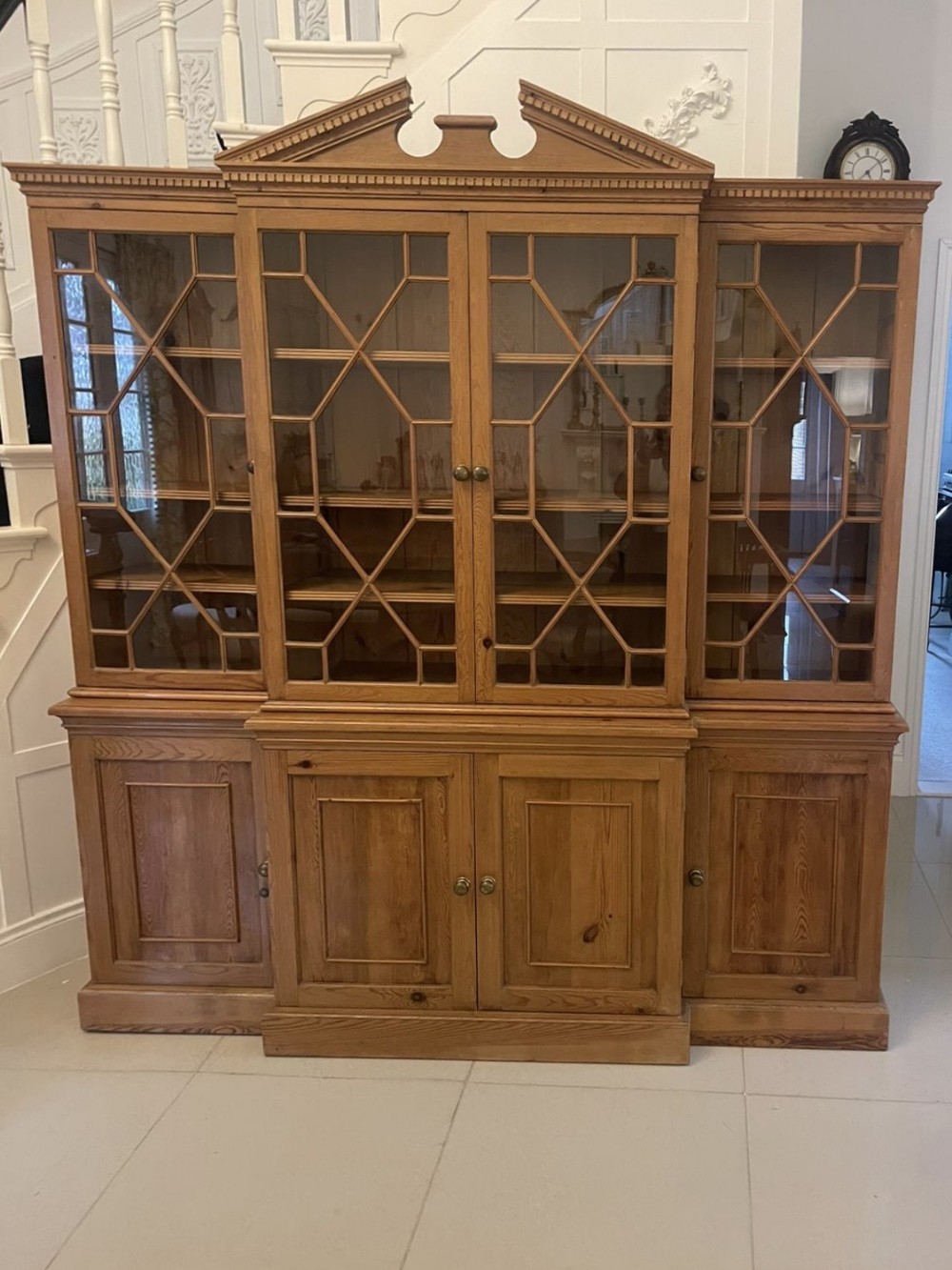 Antique Edwardian Quality Pine Breakfront Bookcase 