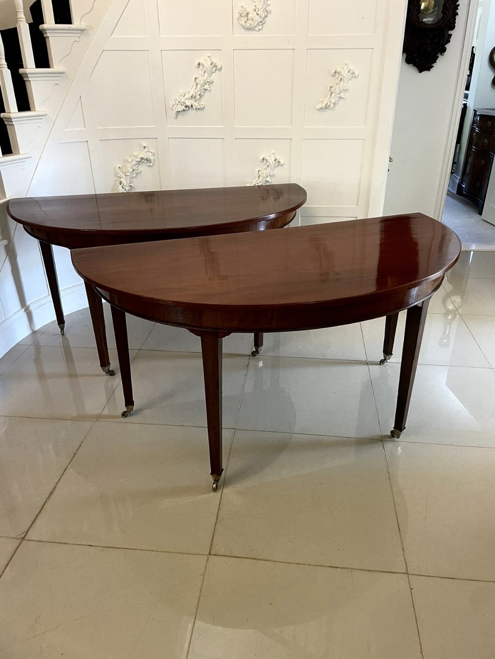 Extra Large Pair of Antique George III Quality Figured Mahogany Demi Lune Console Tables