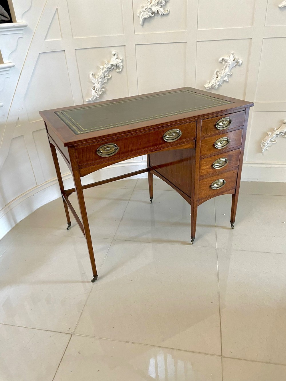 Antique Edwardian Quality Freestanding Mahogany Inlaid Pedestal Desk 