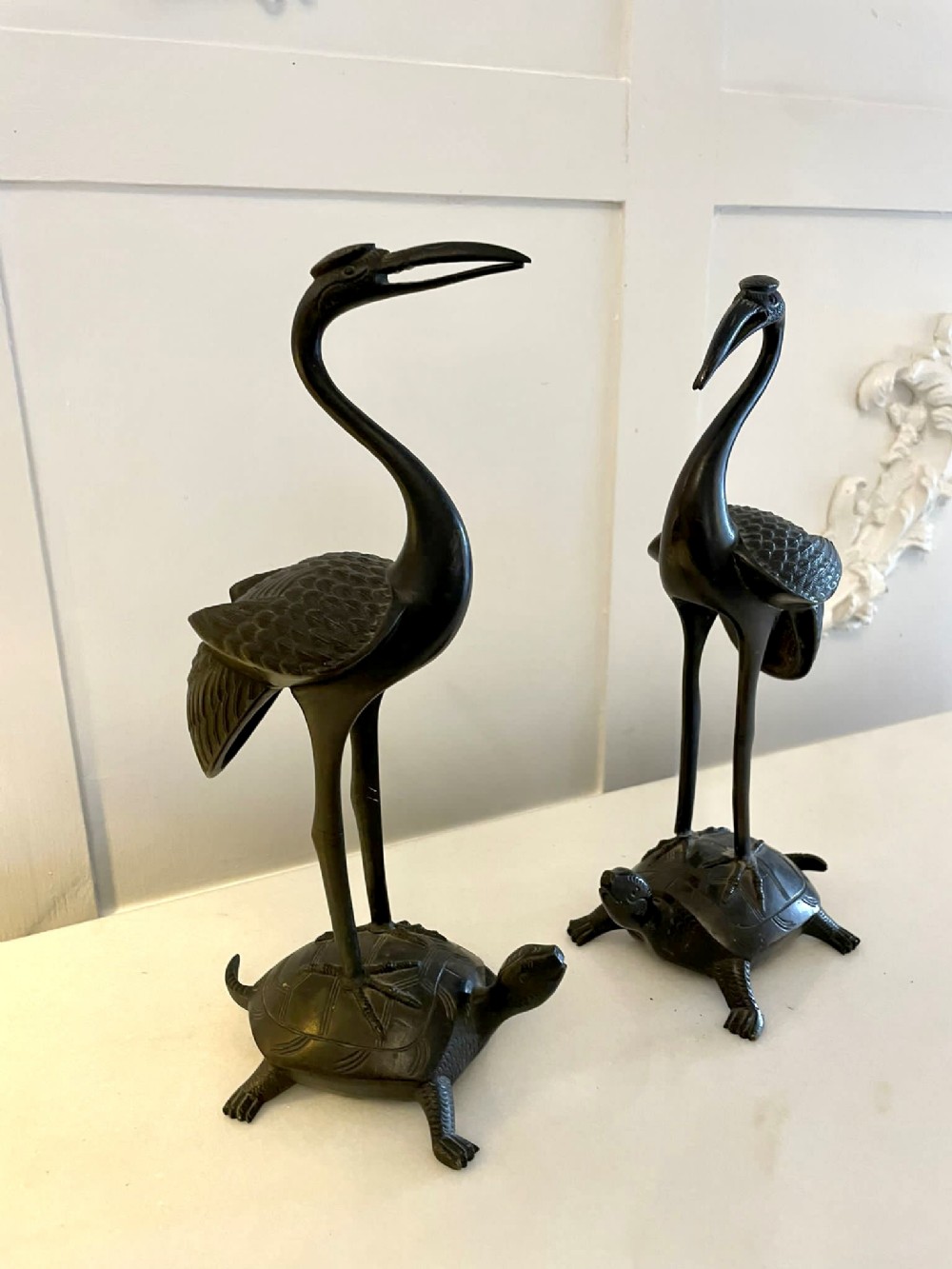 Quality Pair of Antique Victorian Bronze Storks/Cranes 