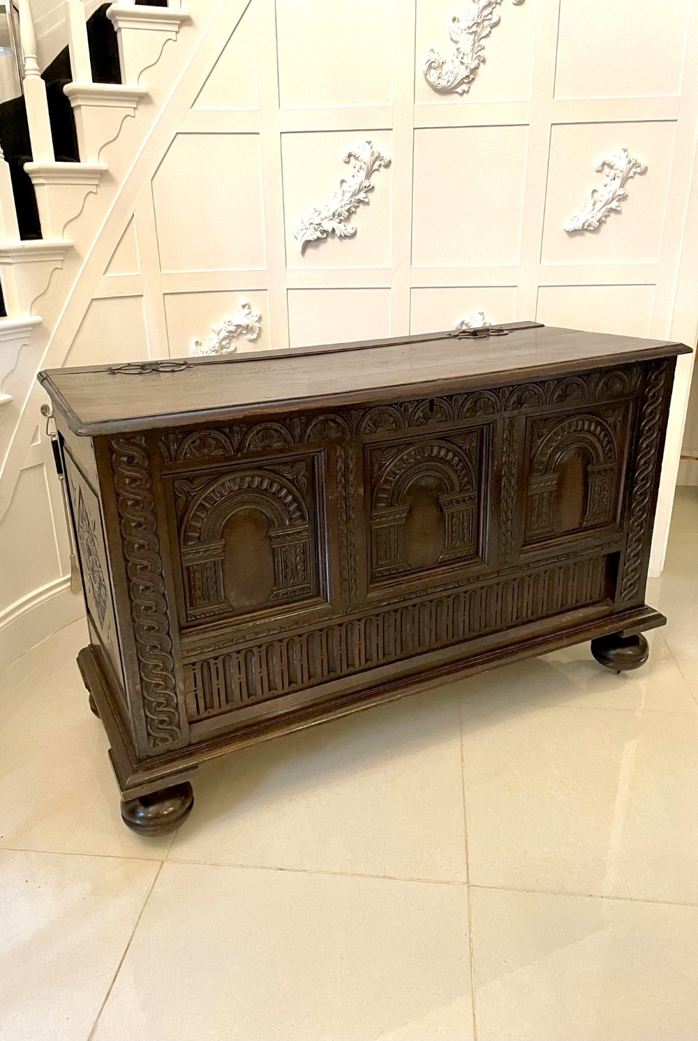 Large 17th Century Antique Quality Carved Oak Coffer 