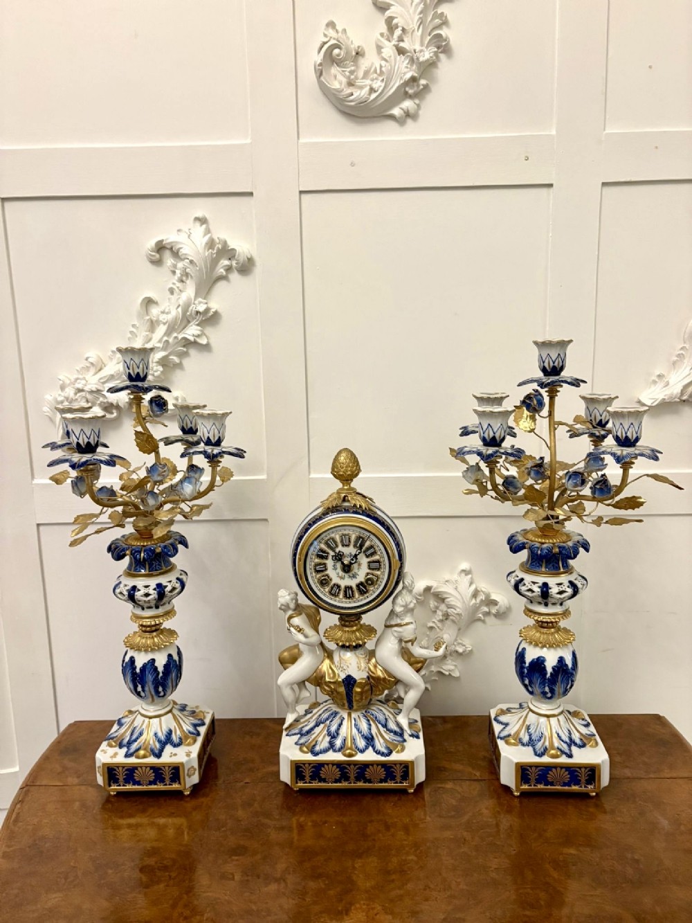 Outstanding Quality Large Antique Victorian French Porcelain and Gilded Metal Clock Set