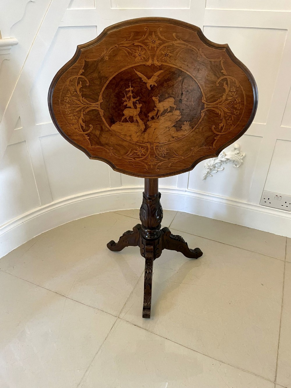 Unusual Antique Victorian Quality Marquetry Inlaid Walnut Swiss Black Forest Table