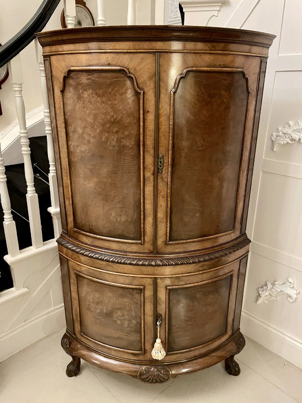 Antique Quality Burr Walnut Bow Fronted Cocktail Cabinet 