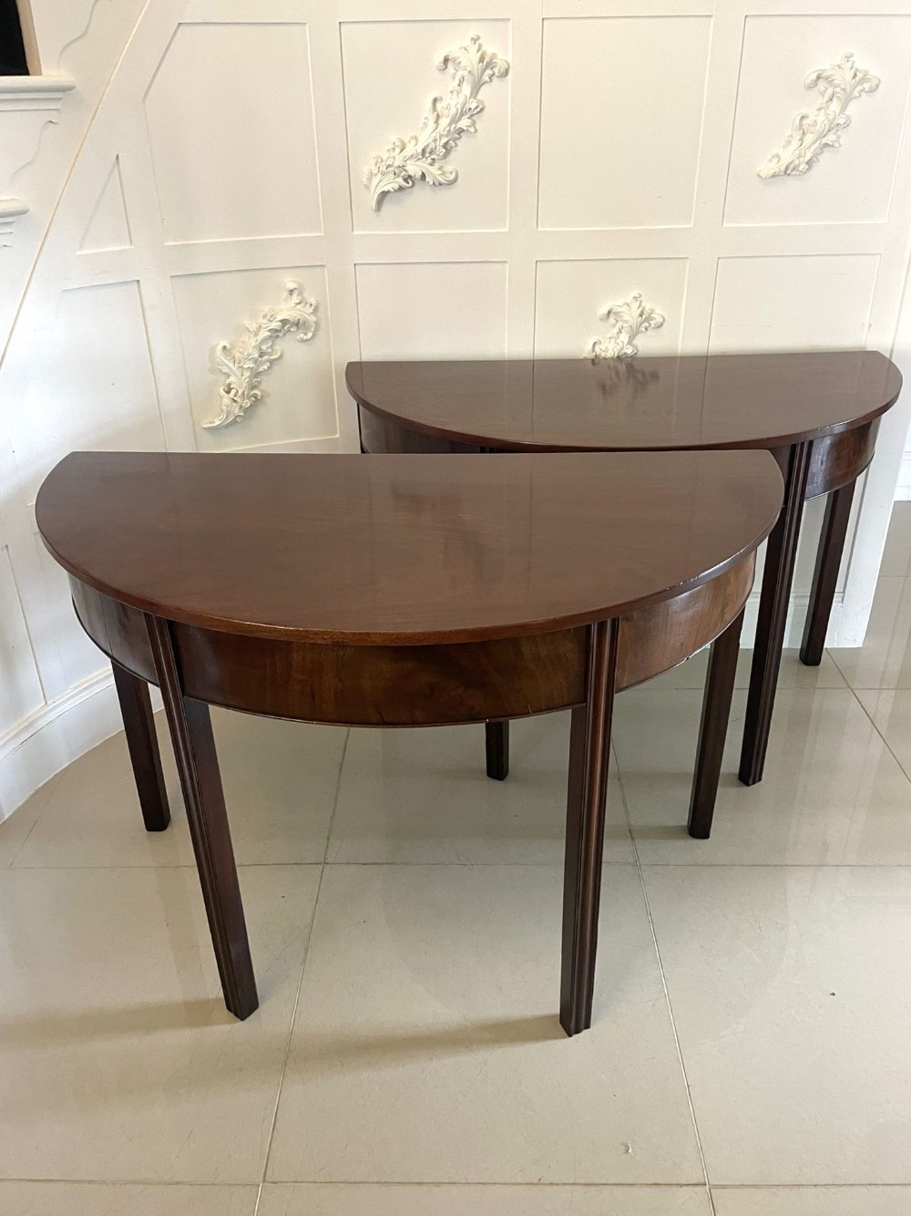 Pair of Quality Figured Mahogany Antique George III Demi Lune Console Tables 