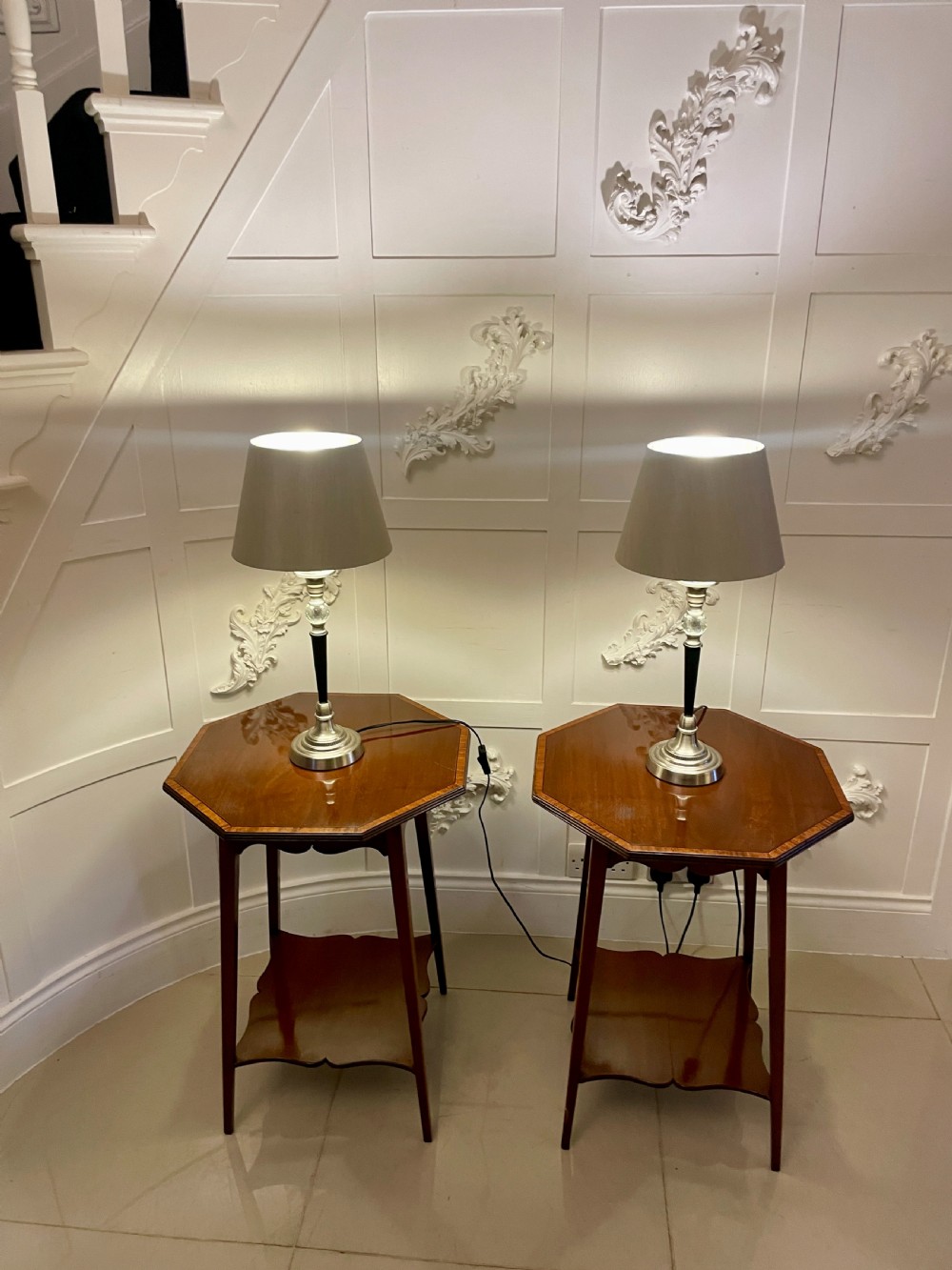 Pair of Antique Edwardian Quality Figured Mahogany Inlaid Lamp Tables  View II