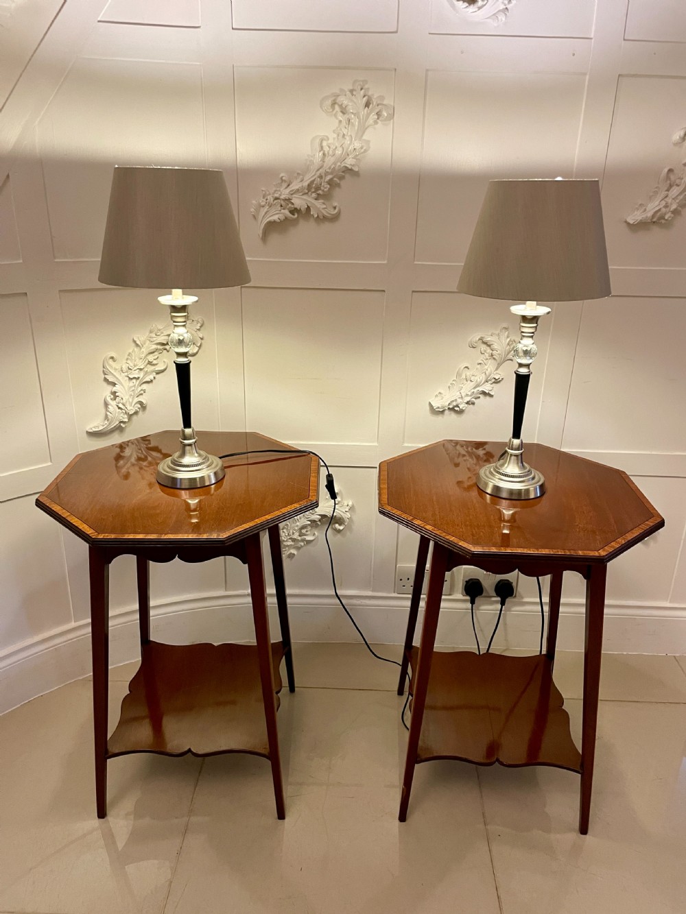 Pair of Antique Edwardian Quality Figured Mahogany Inlaid Lamp Tables  View III