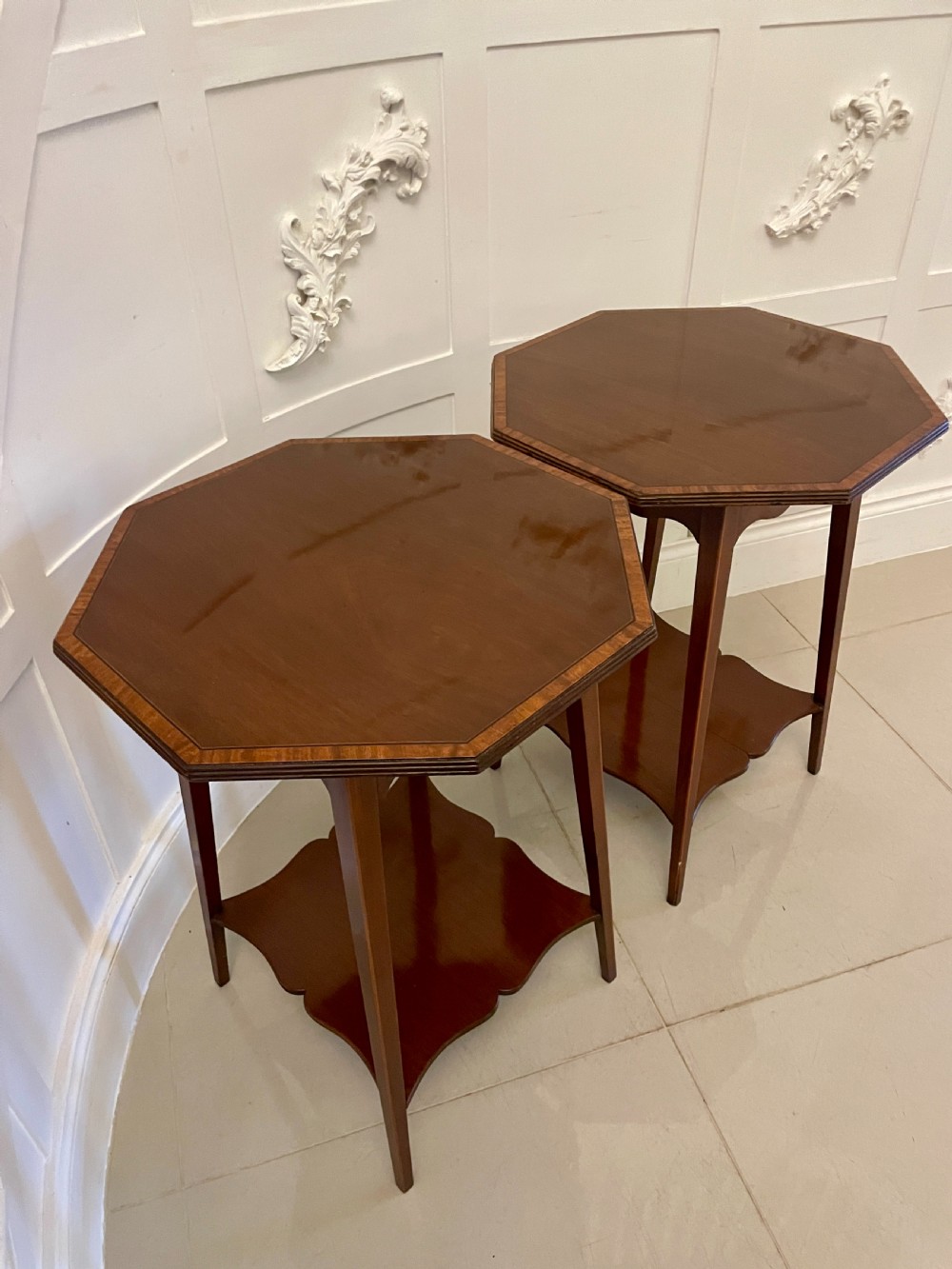 Pair of Antique Edwardian Quality Figured Mahogany Inlaid Lamp Tables  View VIII
