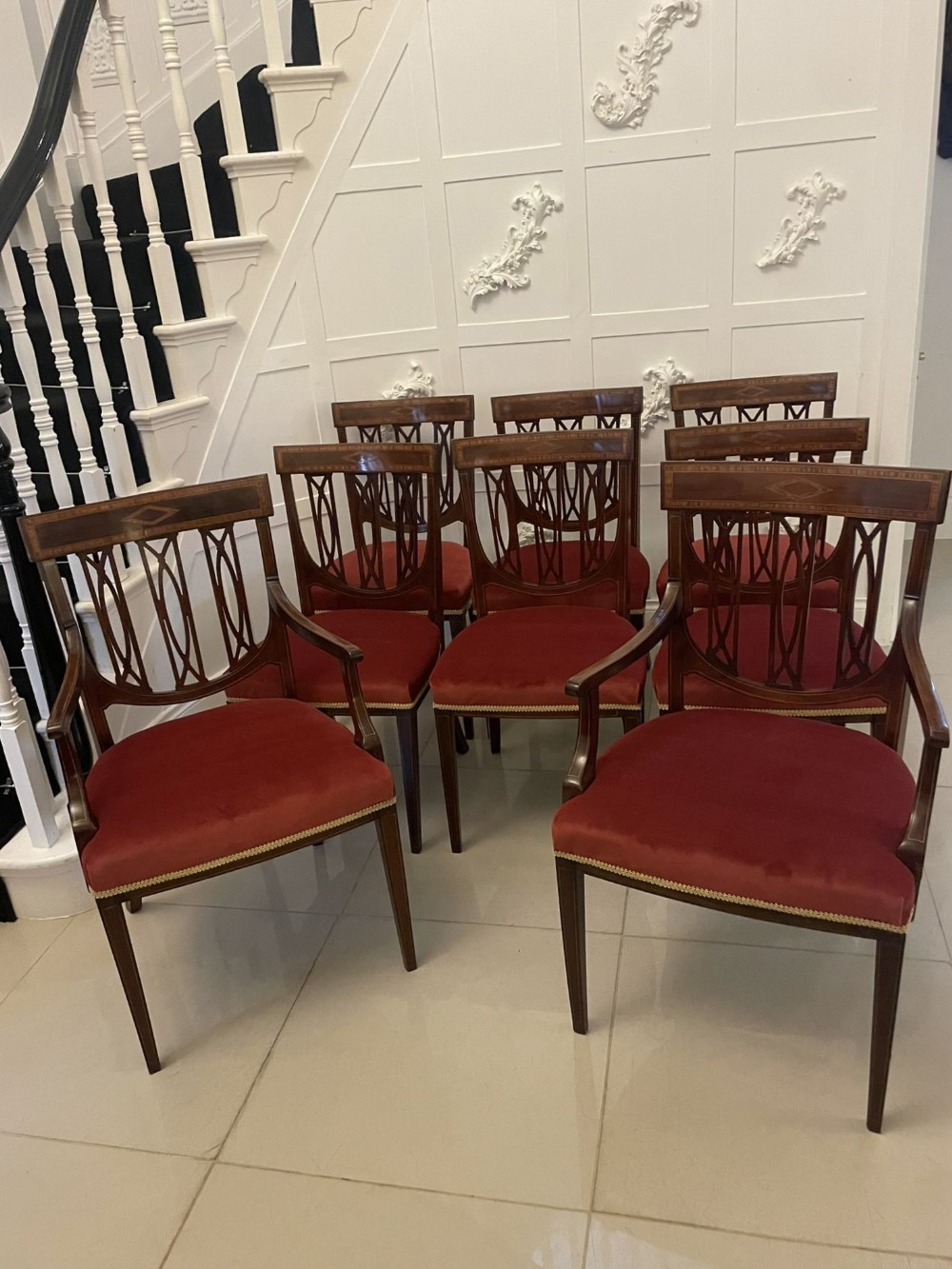 Exceptional Quality Antique Set of Eight Victorian Inlaid Carved Mahogany Dining Chairs