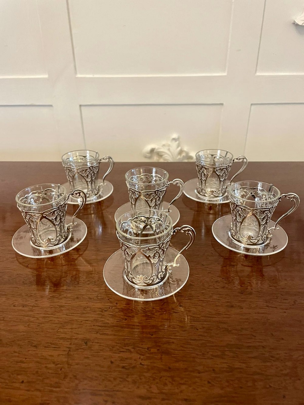 Fine Quality Set of 6 Antique Edwardian Solid Silver and Glass Coffee Cups