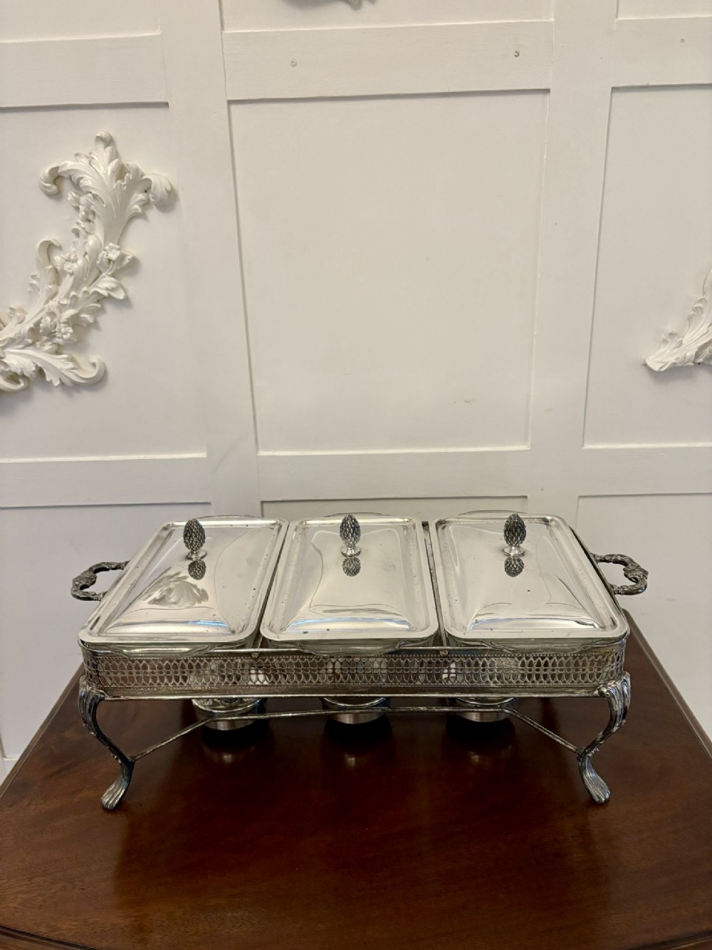 Unusual Antique Edwardian Three Silver Plated Serving Dishes on a Warming Stand 