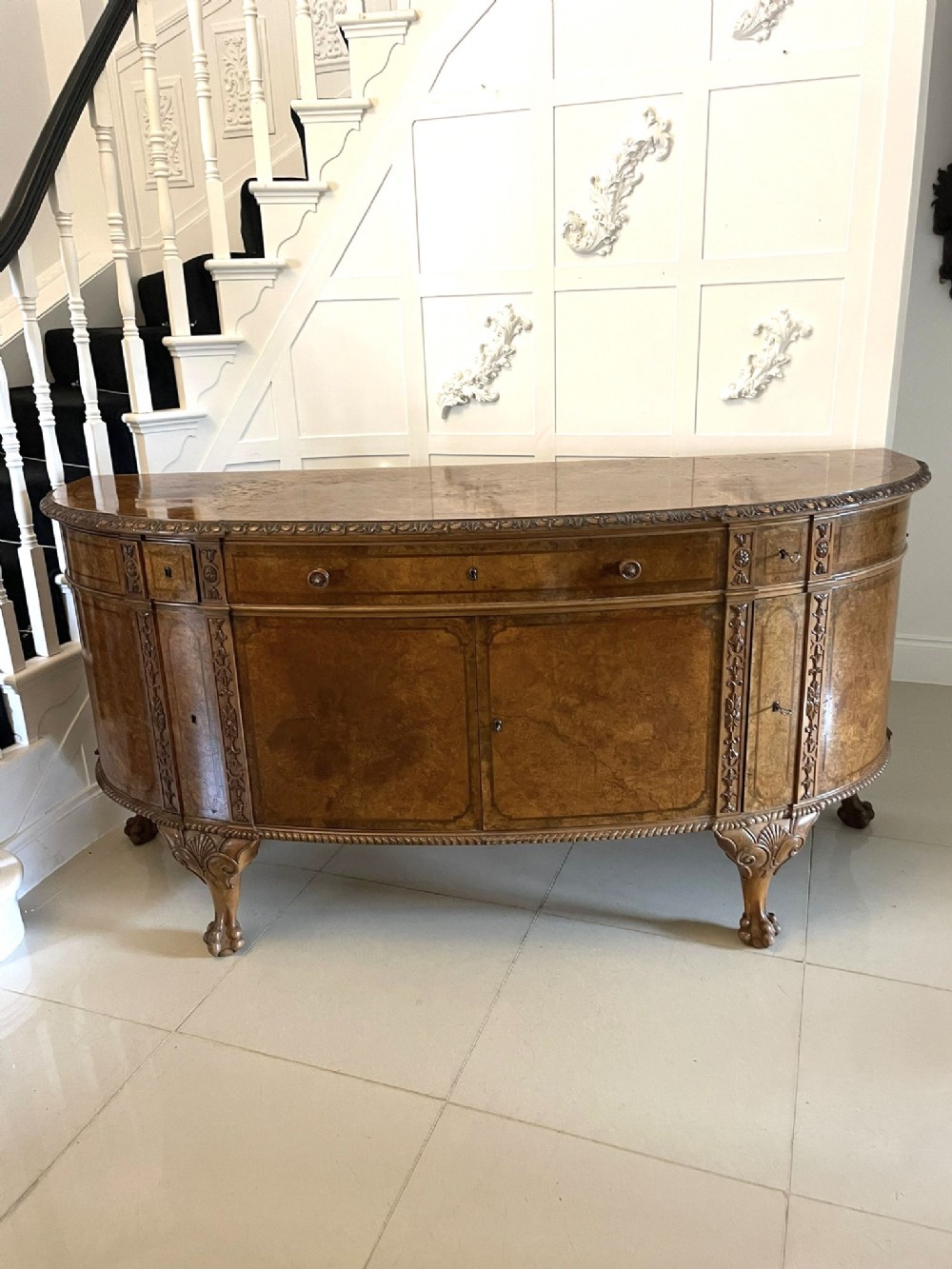 Outstanding Quality Large Antique Carved Burr Walnut Bow Fronted Sideboard 