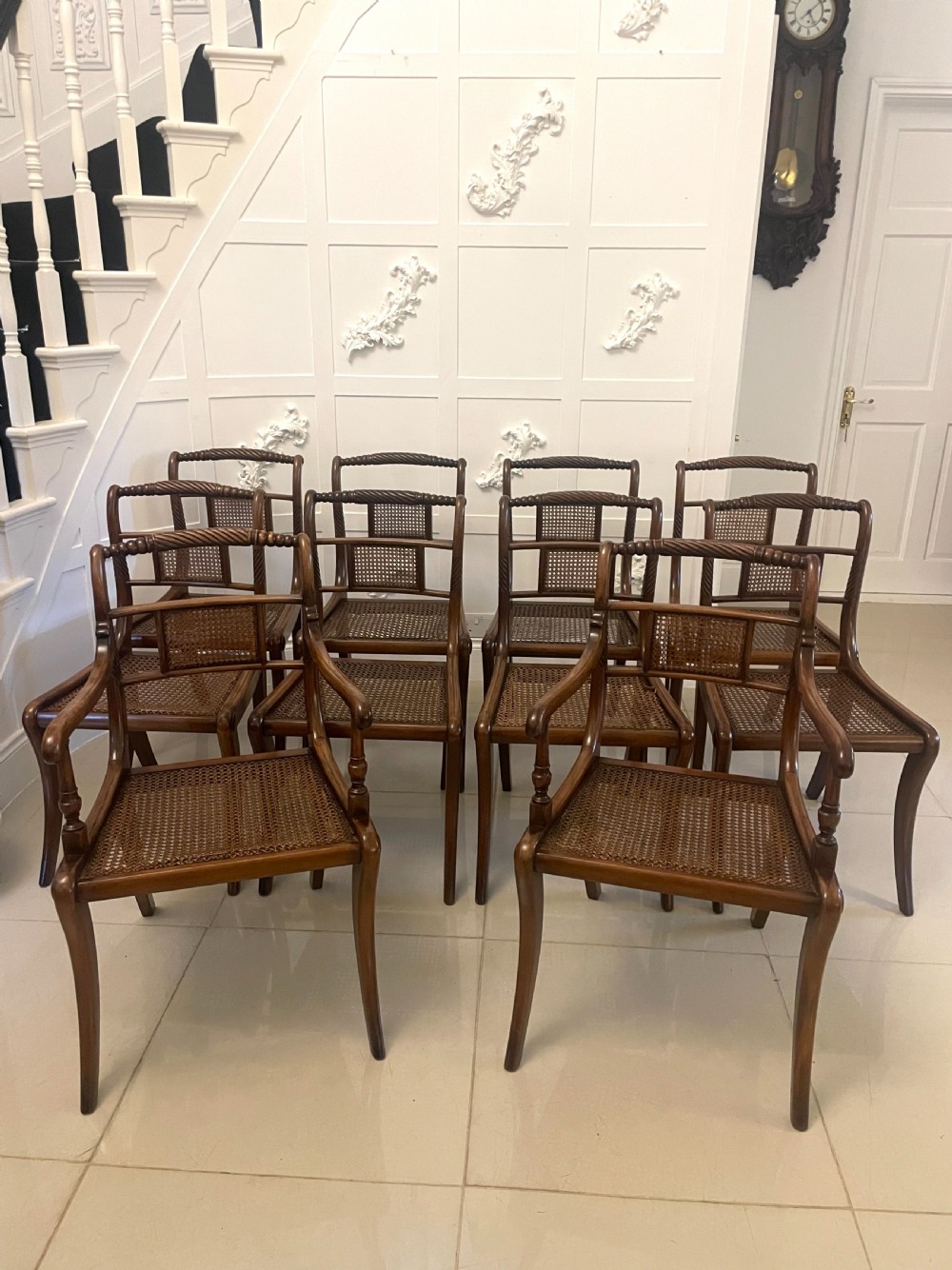 Set of 10 Antique Edwardian Quality Mahogany and Cane Dining Chairs 