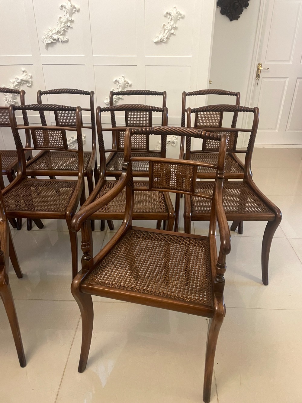 Set of 10 Antique Edwardian Quality Mahogany and Cane Dining Chairs  View XX