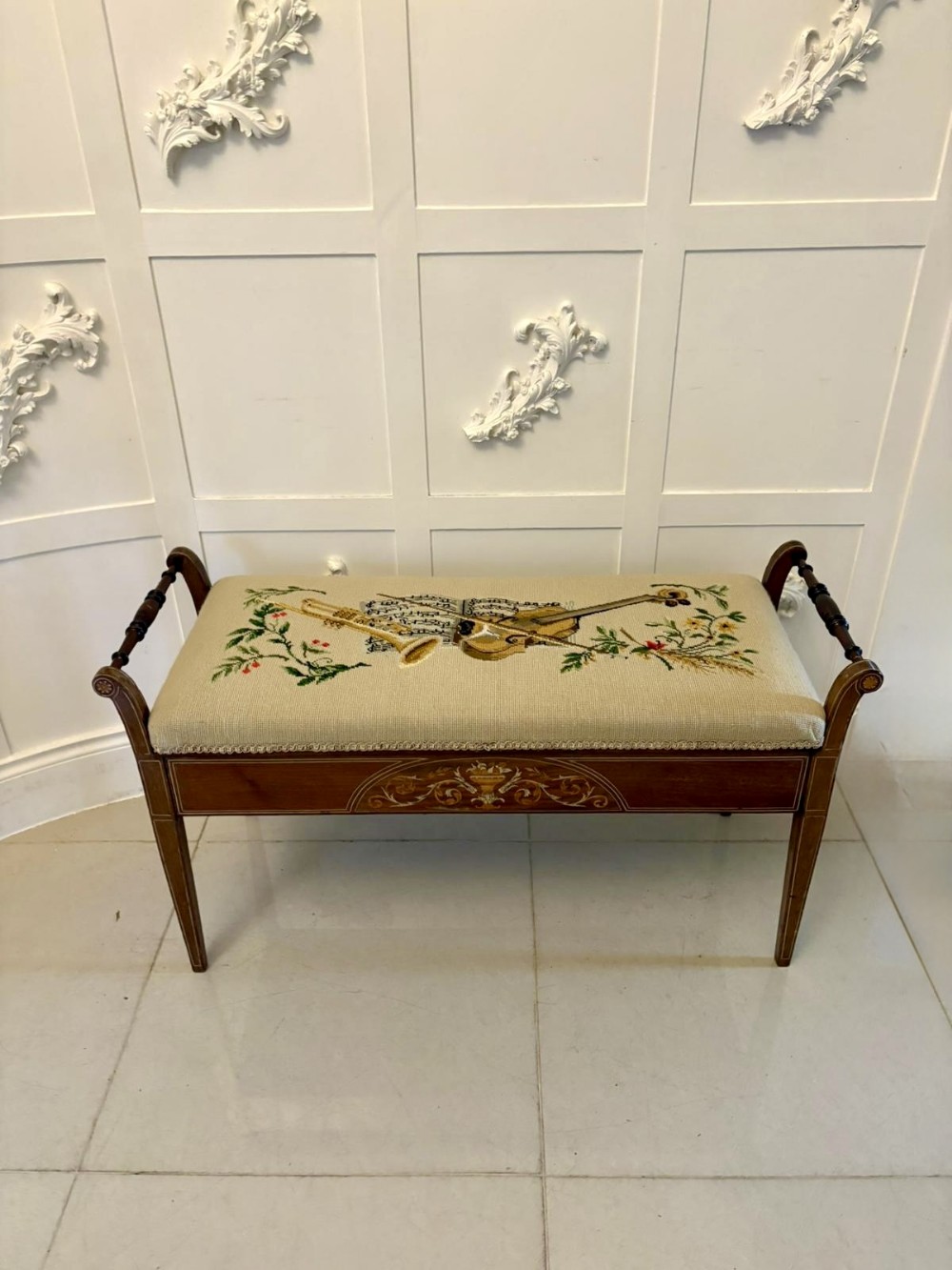 Antique Edwardian Quality Freestanding Rosewood Inlaid Duet Stool