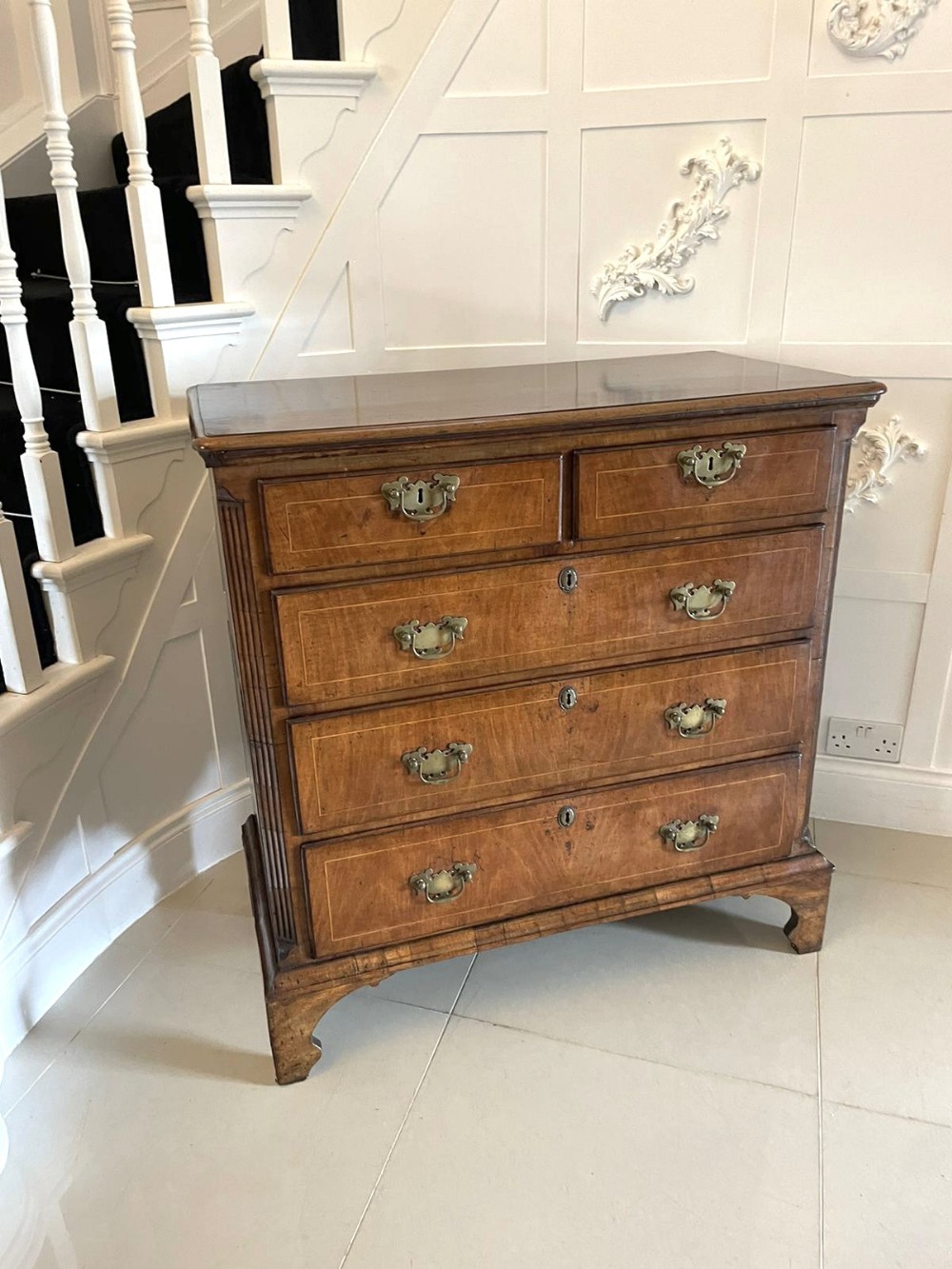 Antique George I Quality Figured Walnut Two Part Chest of Five Drawers 