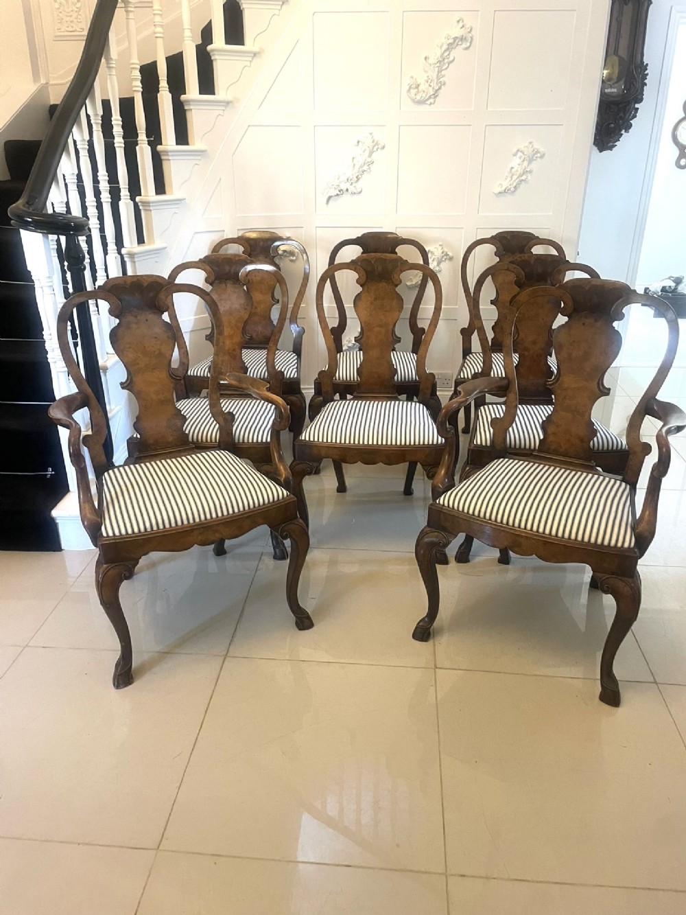 Outstanding Quality Set of 8 Antique Victorian Burr Walnut Dining Chairs 