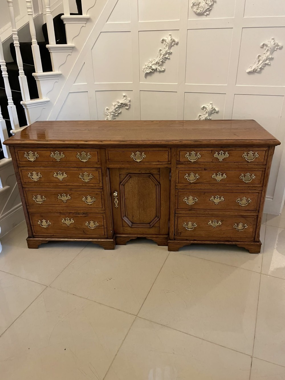Antique 18th Century George III Quality Oak Dresser Base with Original Brass Handle & Escutcheons