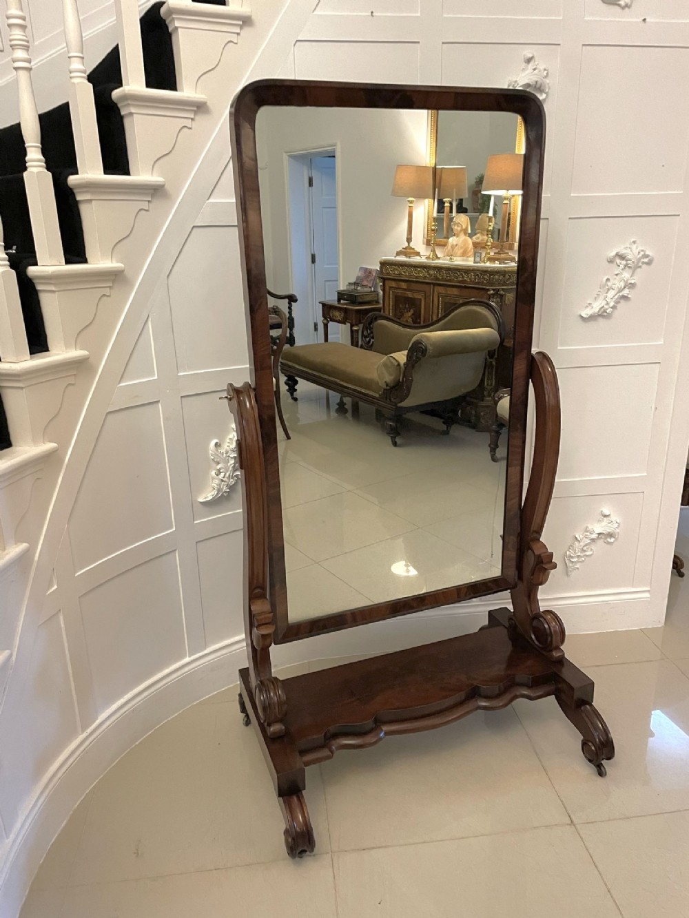 Large Antique Victorian Quality Mahogany Cheval Mirror 